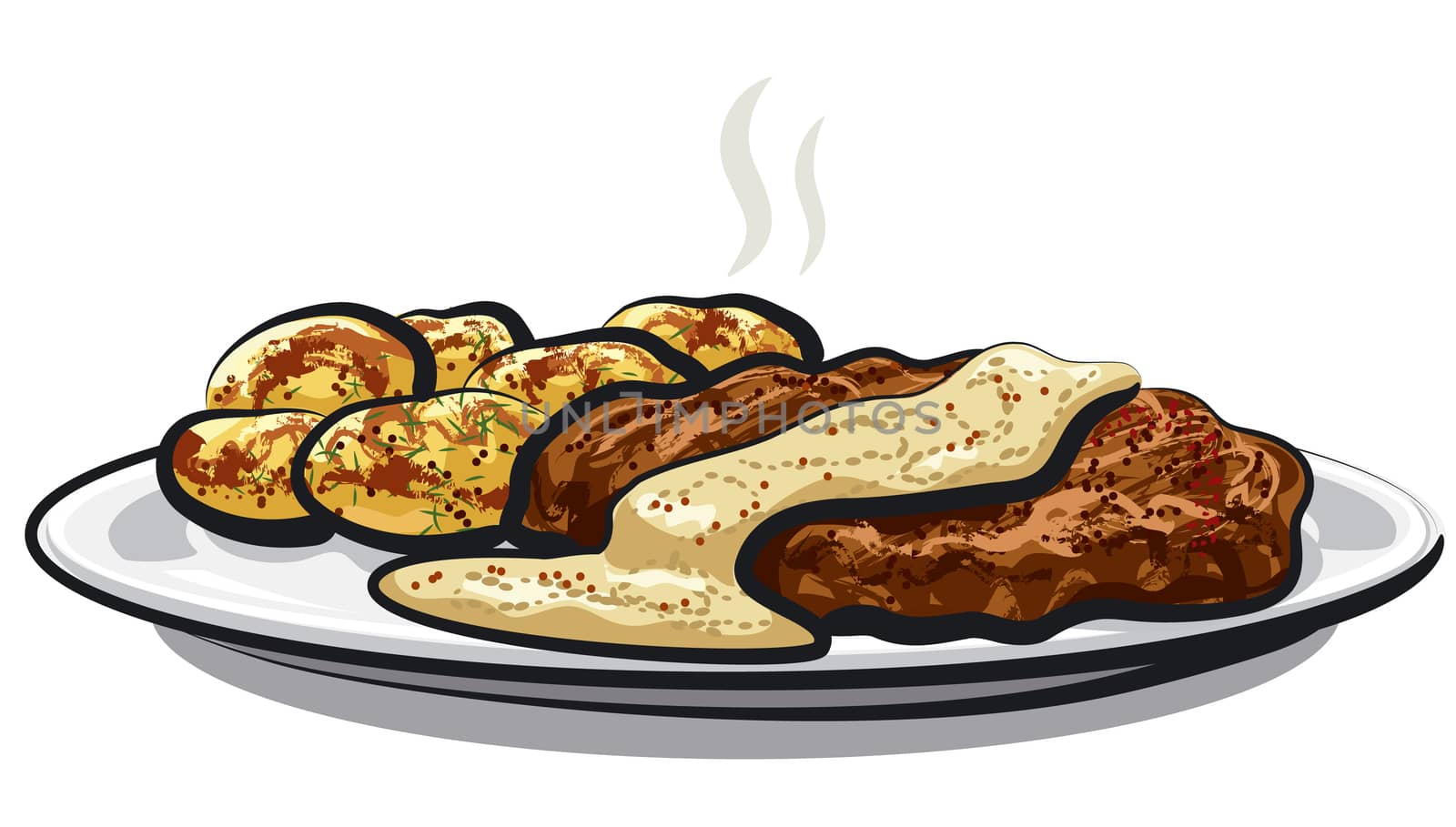 illustration of baked meat with boiled potatoes and sauce
