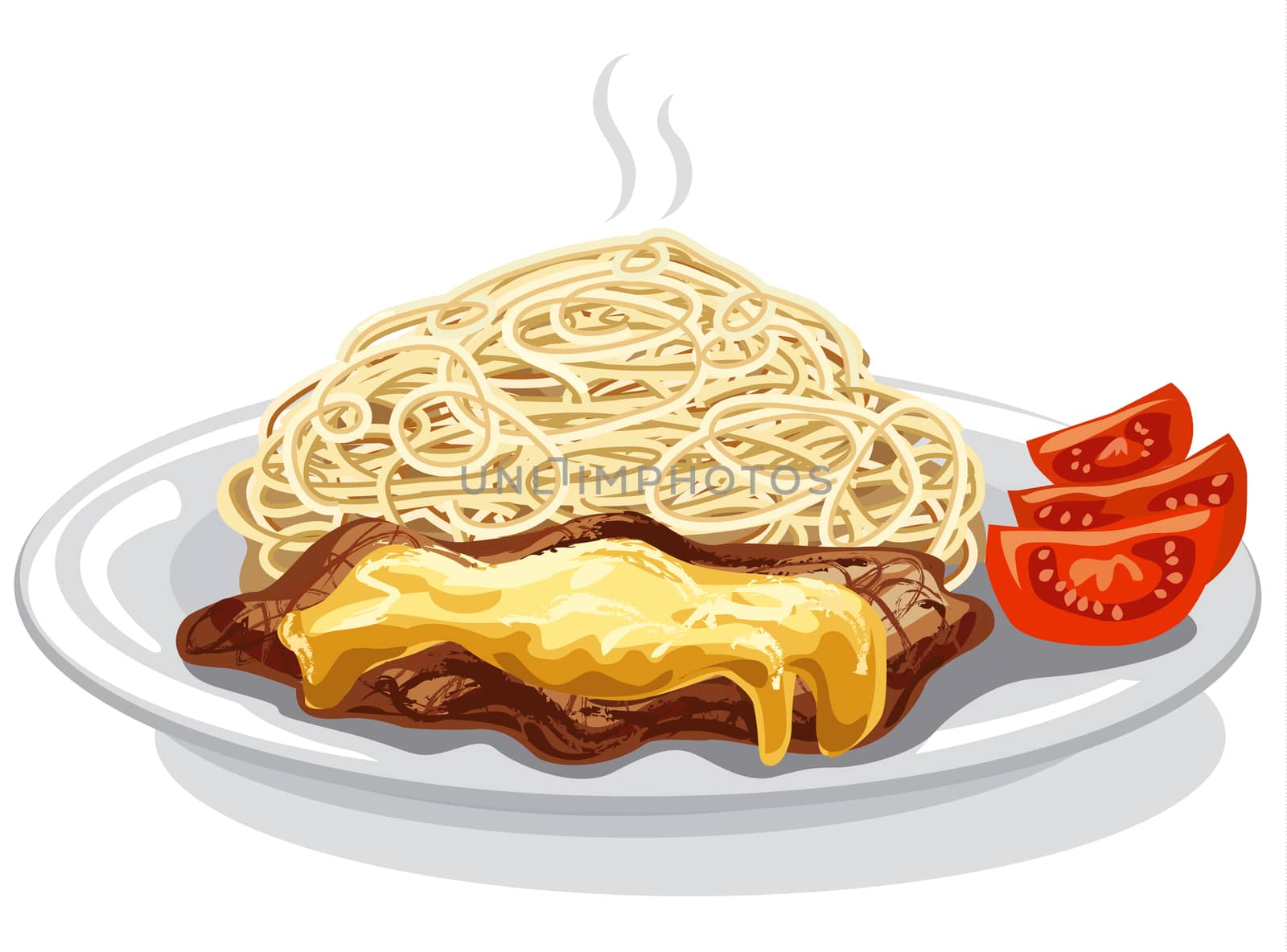 illustration of cooked pasta and hot grilled meat with tomatoes
