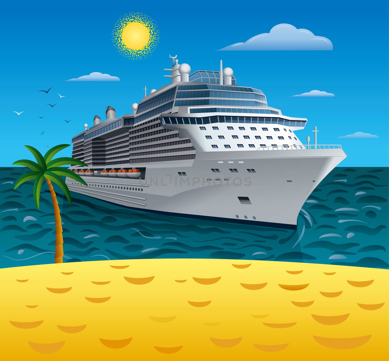 illustration of cruise liner to tropical sea beach resort