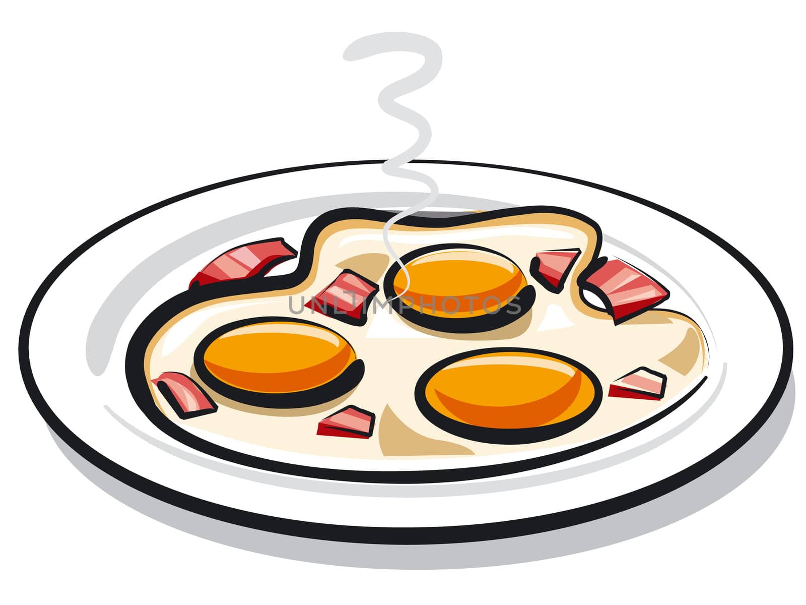 illustration of fried eggs with bacon on plate