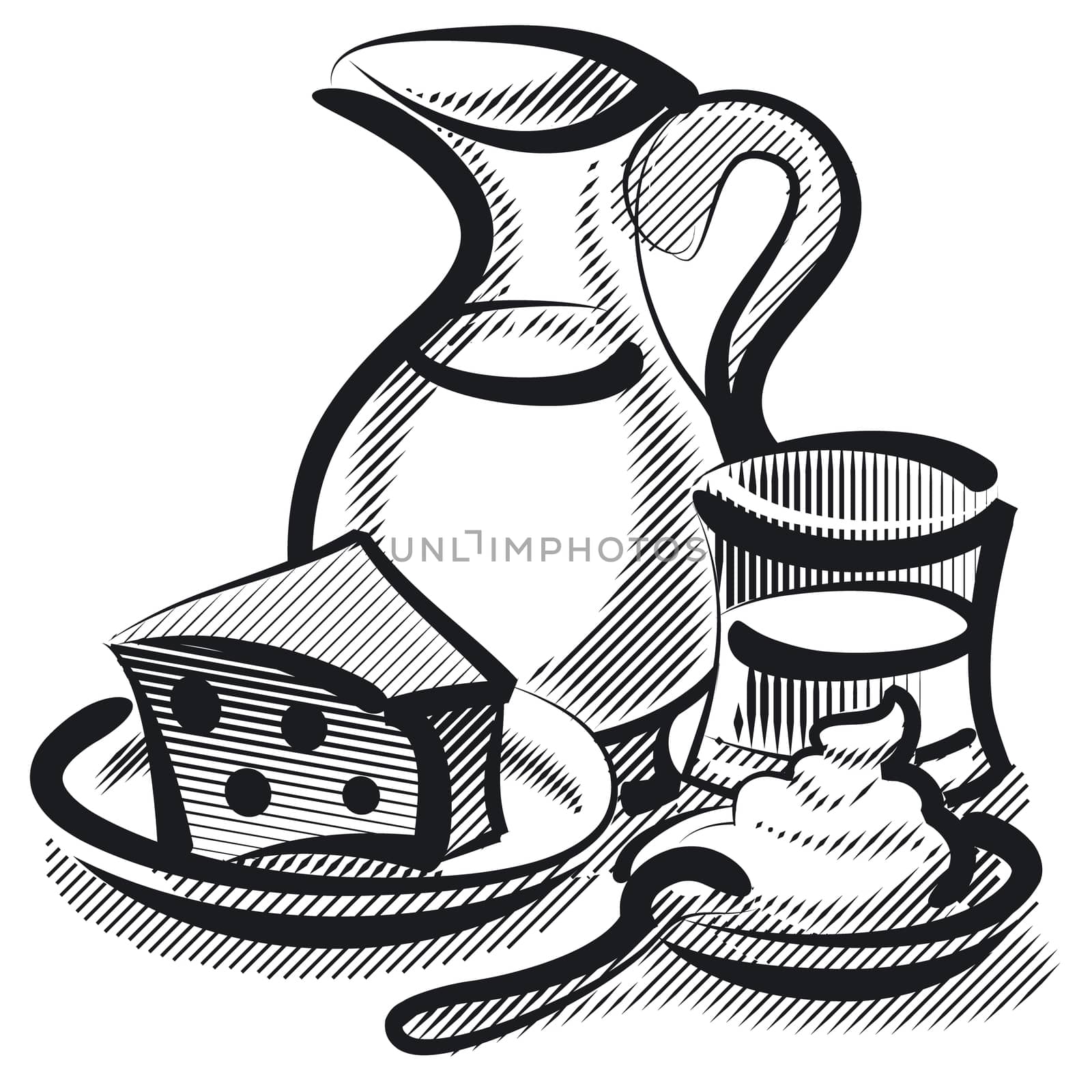 linocut style illustration of milky product, cheese and sour ceam