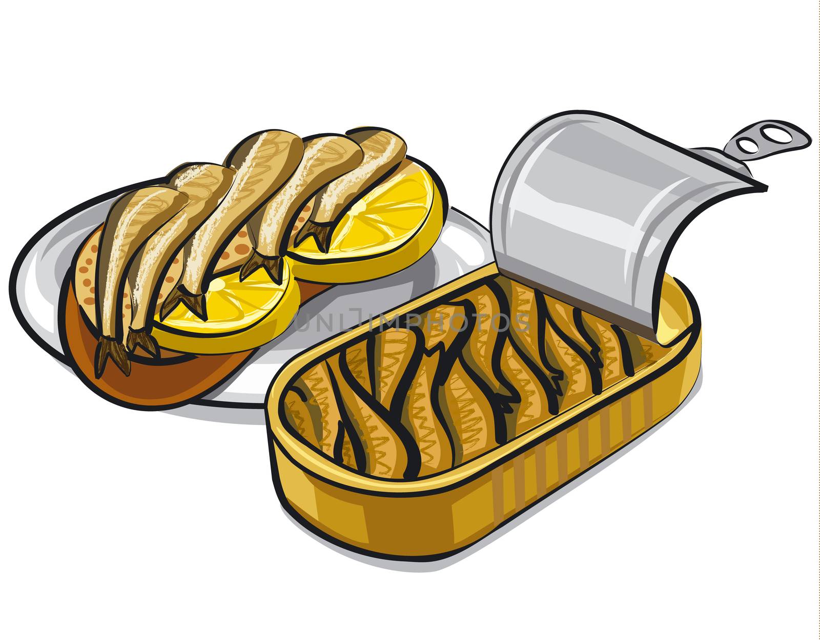 illustration of canned smoked sprats in oil with bread and llemons