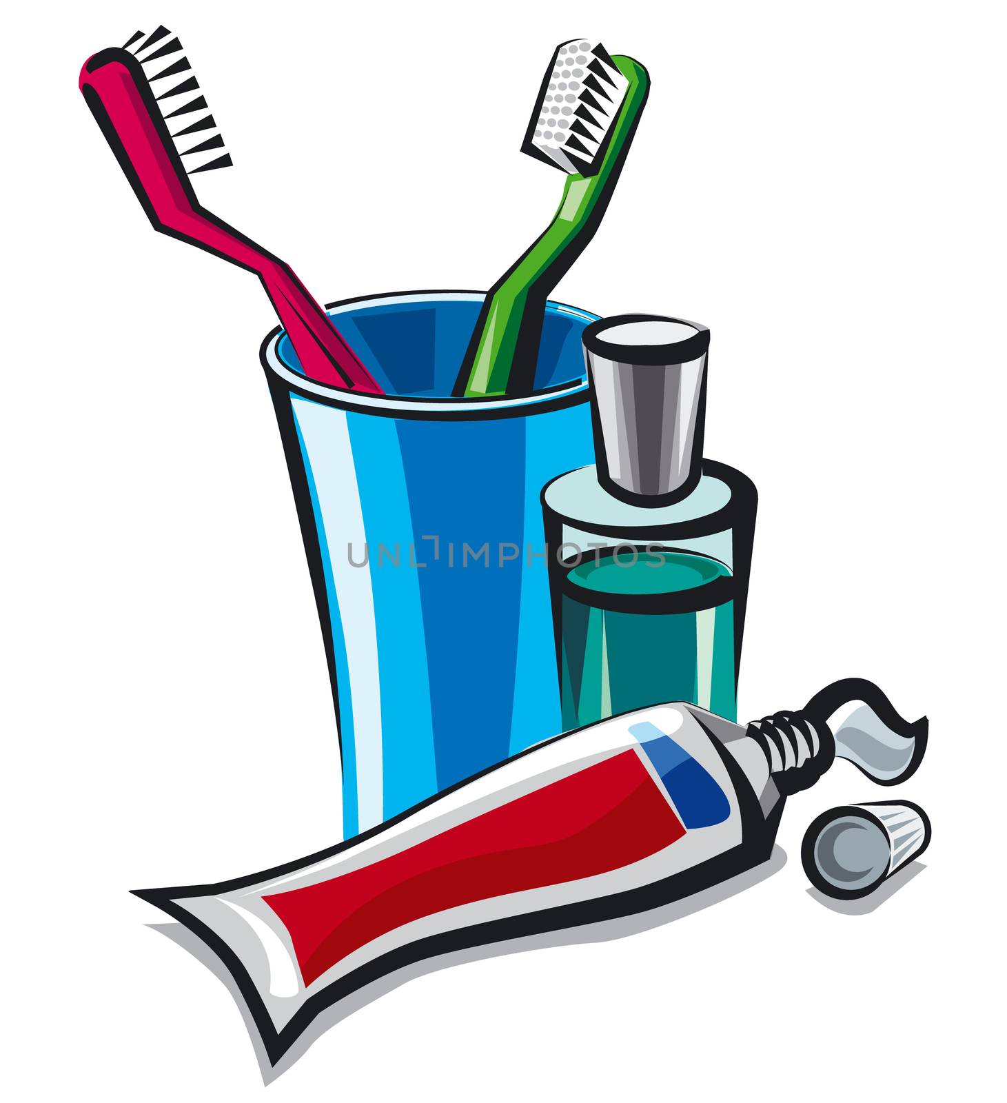 illustration of toothpaste tube with toothbrushes and mouthwash liquid