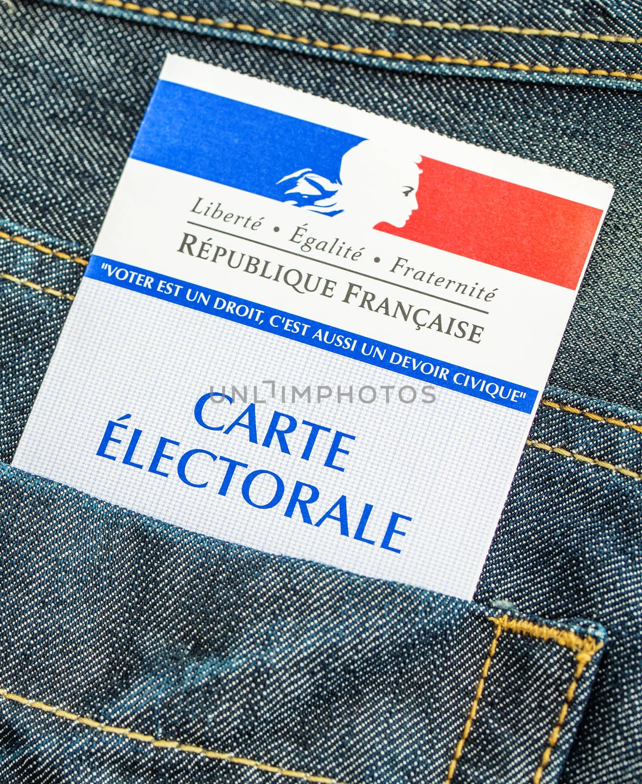 French electoral card in the rear pocket of a jeans, 2017 presidential and legislative elections concept