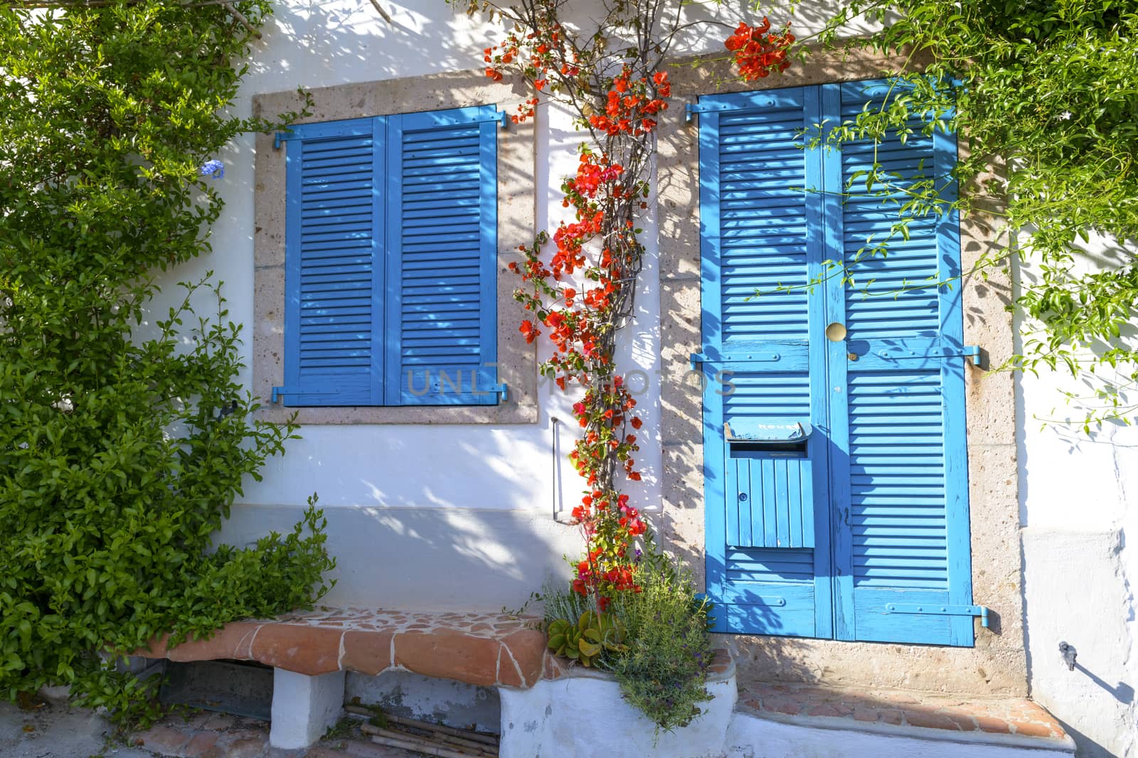Typical Mediterranean house with white walls and blue fixtures. Boungaville flowers frame the windows.