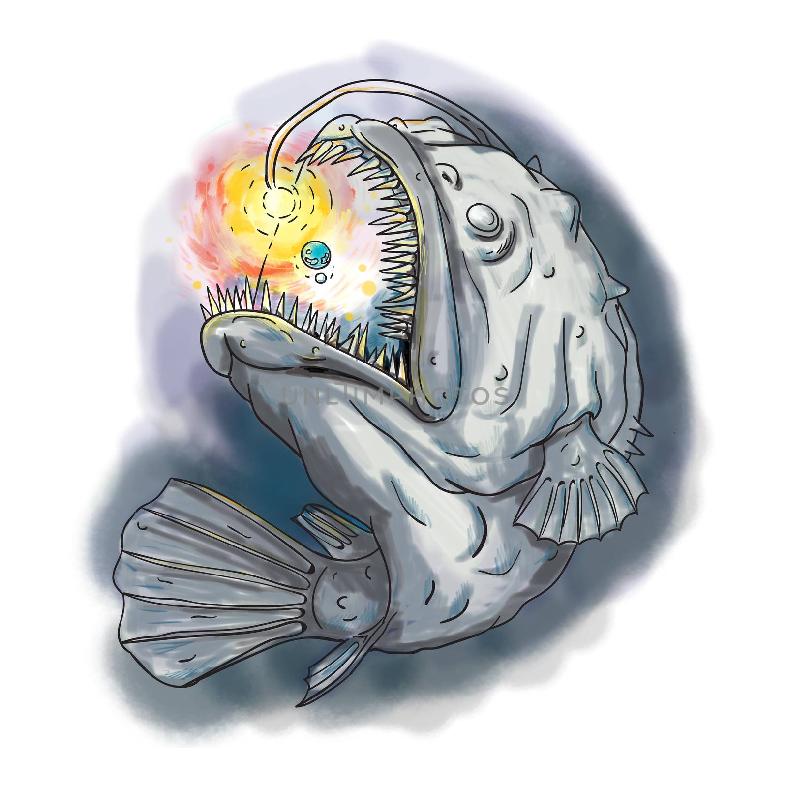 Watercolor style illustration of an Anglerfish of teleost order Lophiiformes that are bony fish named for their characteristic mode of predation, which a fleshy growth from fish's head (the esca or illicium) acts as a lure, swooping up a solar system viewed from the side set on isolated white background. 