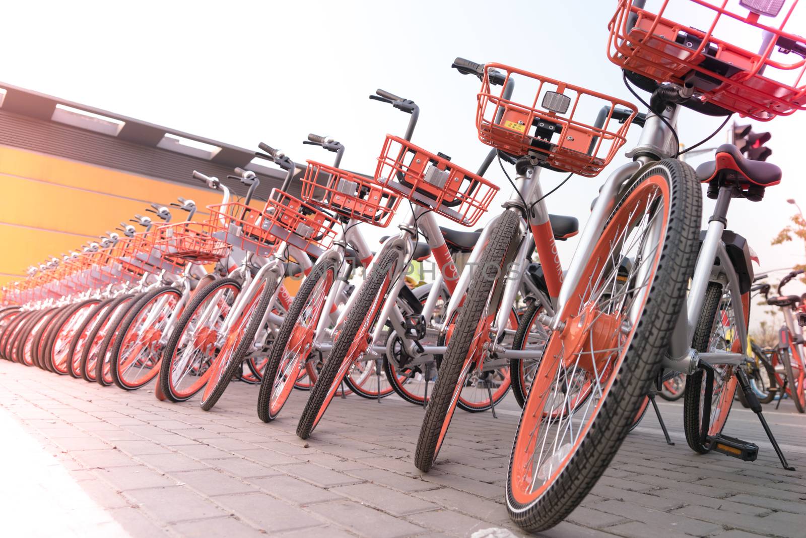 SHANGHAI, CHINA - APRIL 2017: A parking lot of bicycle for sight by psodaz