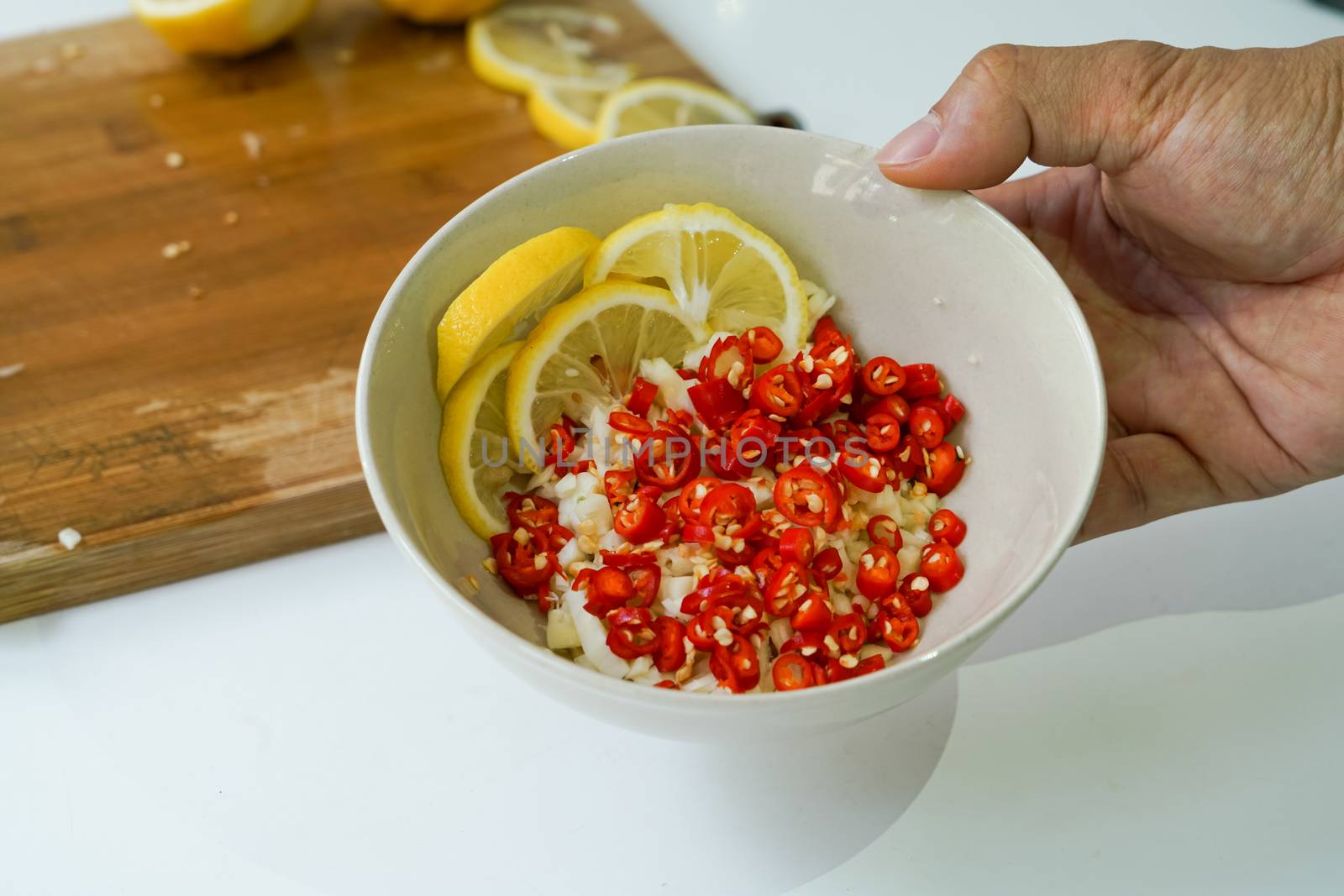 Thai spicy salad ingredient, chili, garlic and lemon