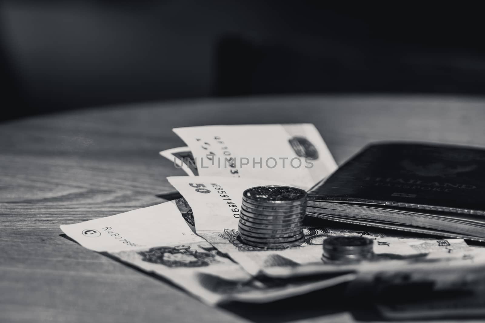 Pocket money for traveling and working. The coin, bank note and passport are ready for working aboard. - black and white scene