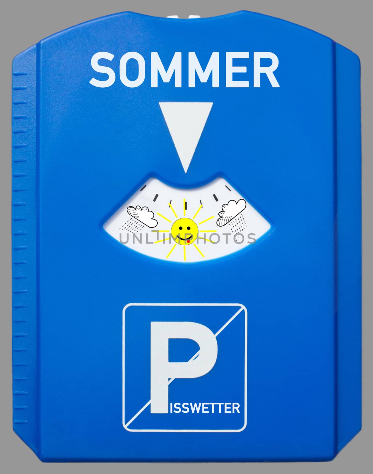 A german parking disc with the german words for summer and bad weather isolated on grey