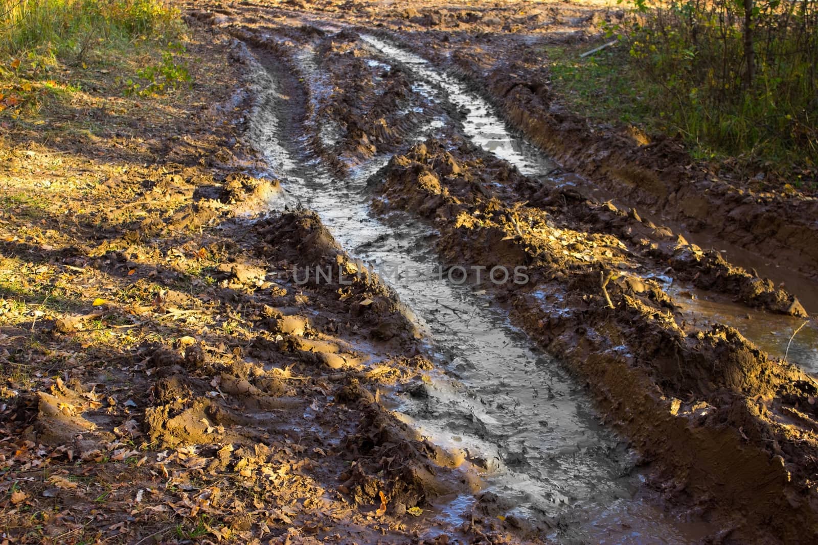 Messy rural dirt road after rain with deep tire tracks