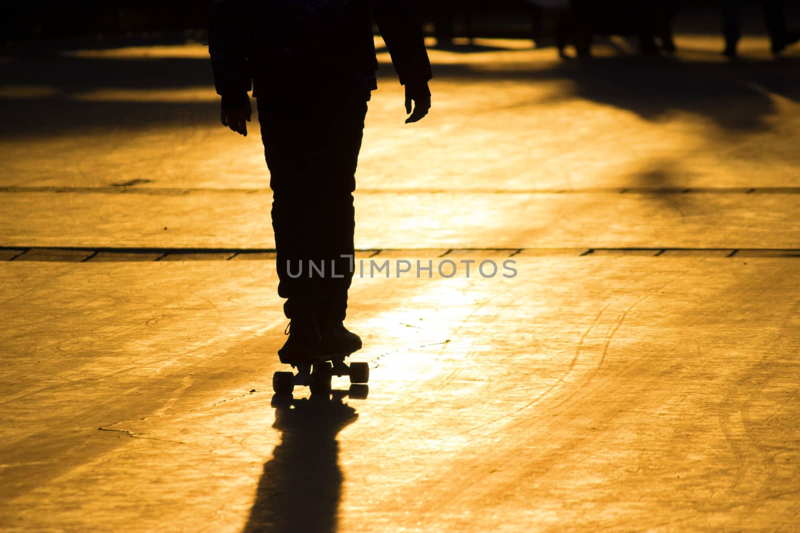 Silhouette of a young skateboarder at the street