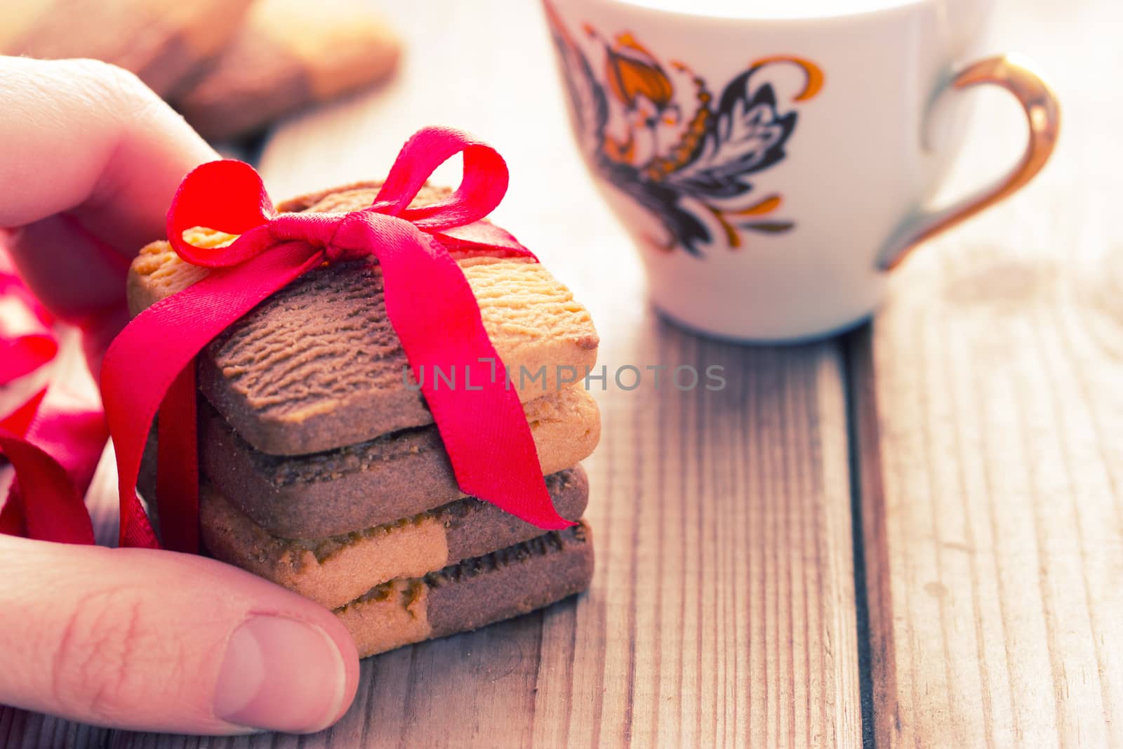 Valentine's Day, romantic template cookie bow and cup of tea