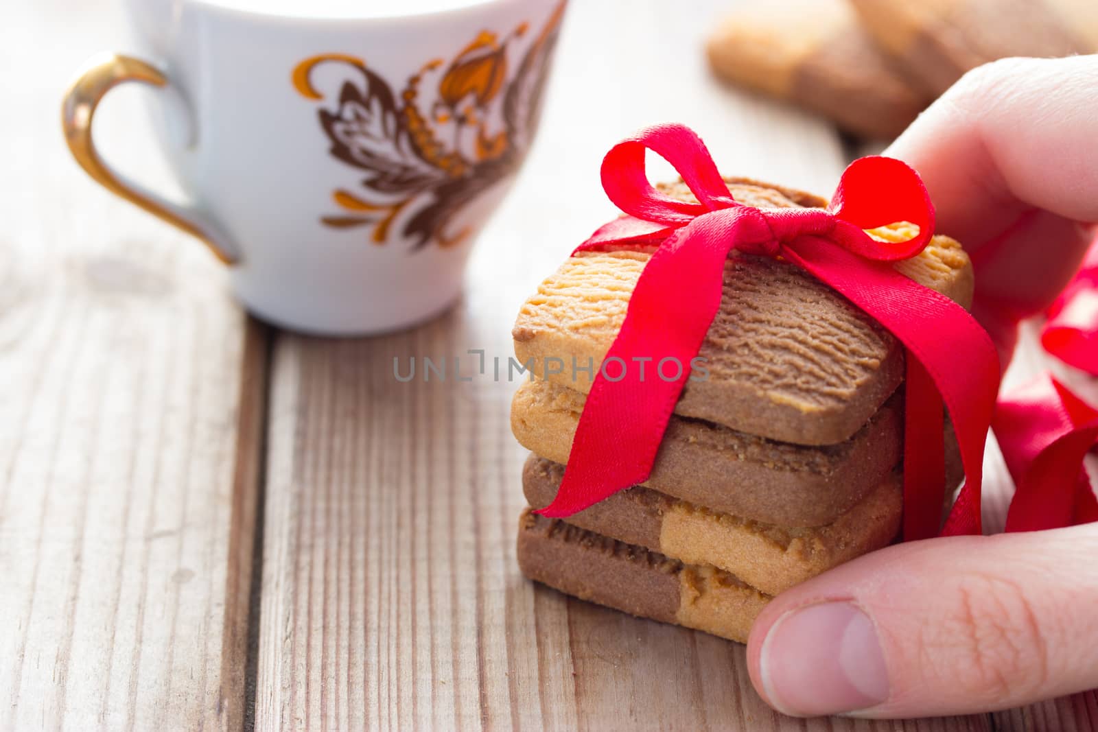 Valentine's Day, romantic template cookie bow and cup of tea