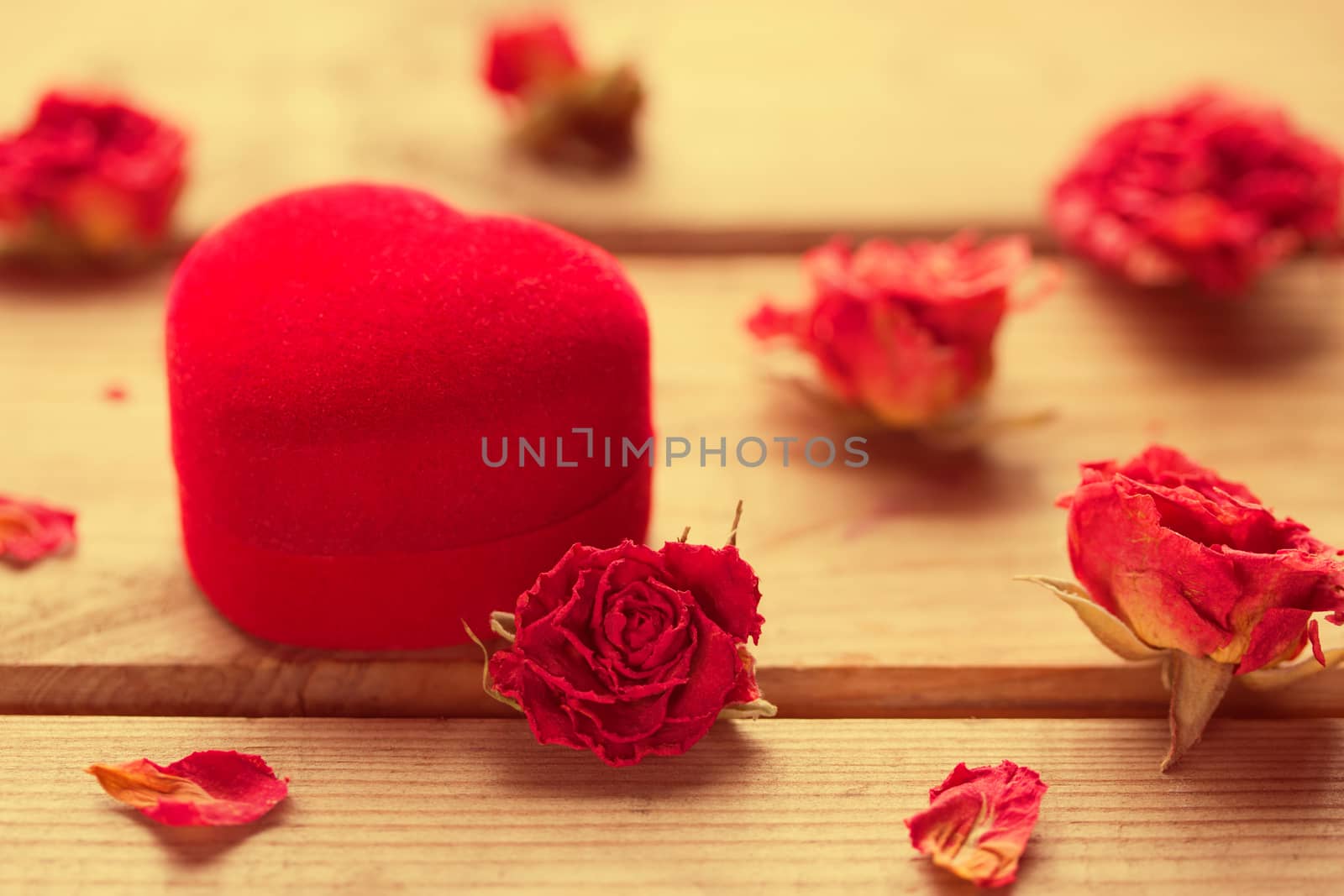 St. Valentines Day concept. dry red roses and gift box on wooden table