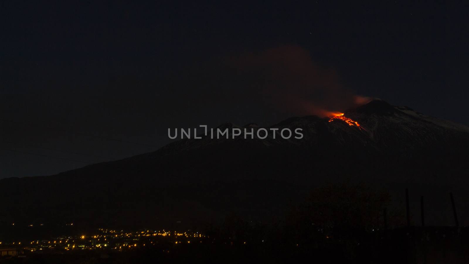 Eruption volcano Etna of april 2017. Mount Etna is an active stratovolcano on the east coast of Sicily, Italy, in the Province of Catania, between Messina and Catania.