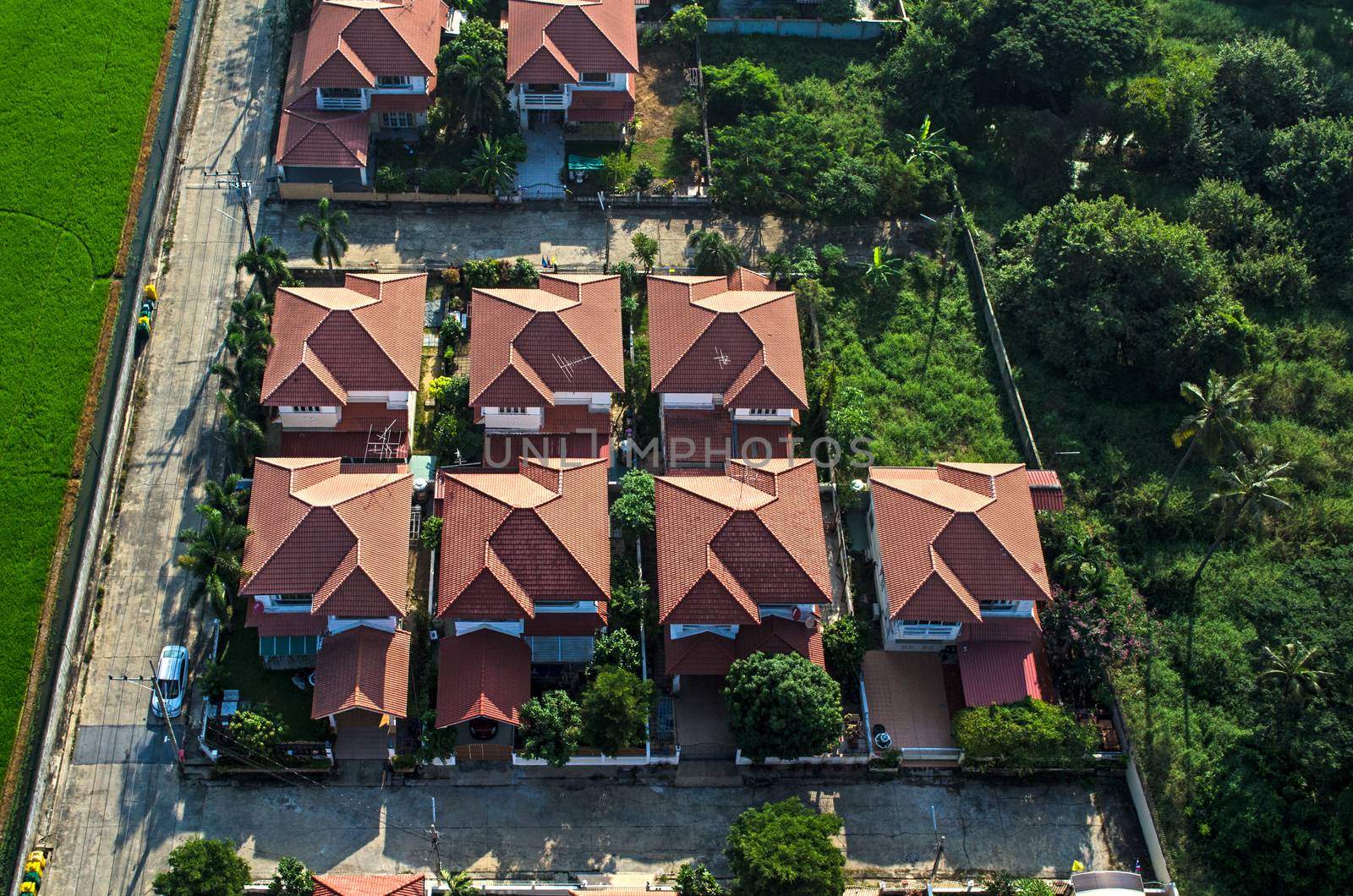 Housing residential area roofs aerial photography