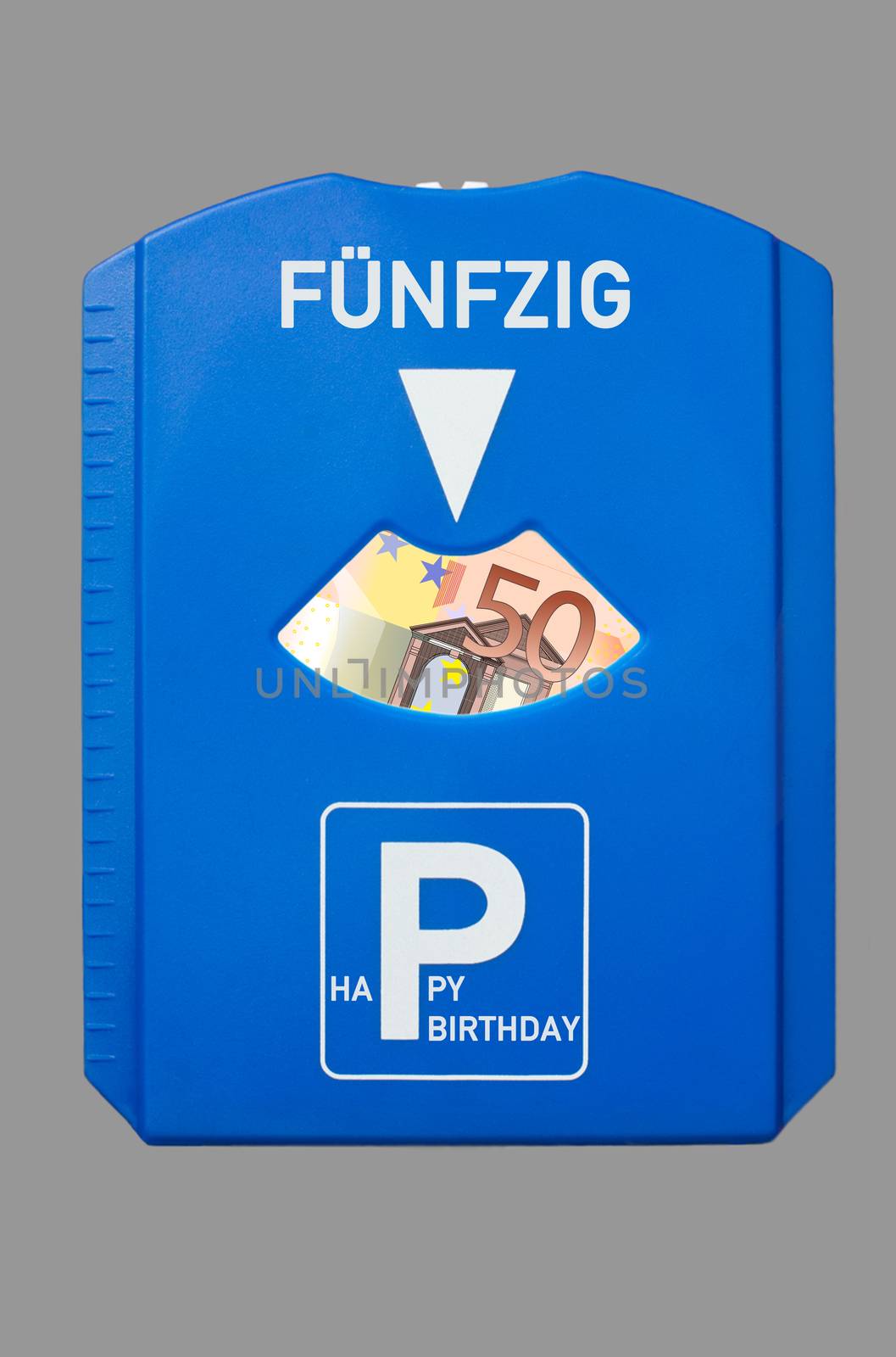 Birthday card for 50th birthday with the German word for fifty and 50 EUR bank note