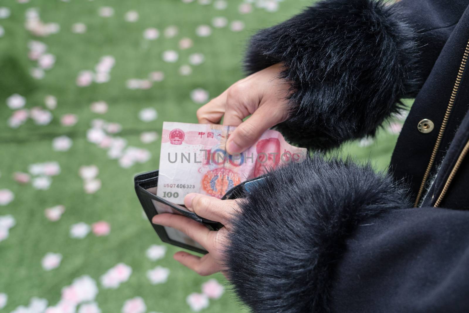 Hand holding last banknote in wallet. The woman show her last banknote from her purse on hand. poor girl.