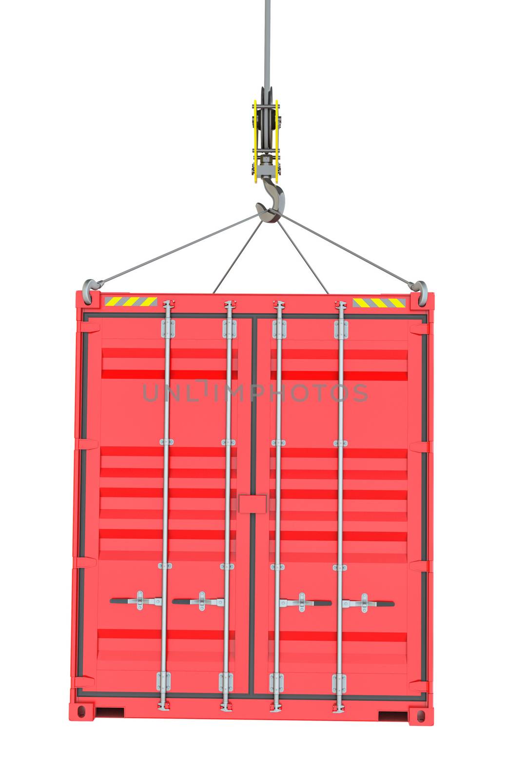 Red Cargo Container Hoisted By Hook, Isolated on White Background. 3D Illustration. Transportation Concept. Template For Your Design