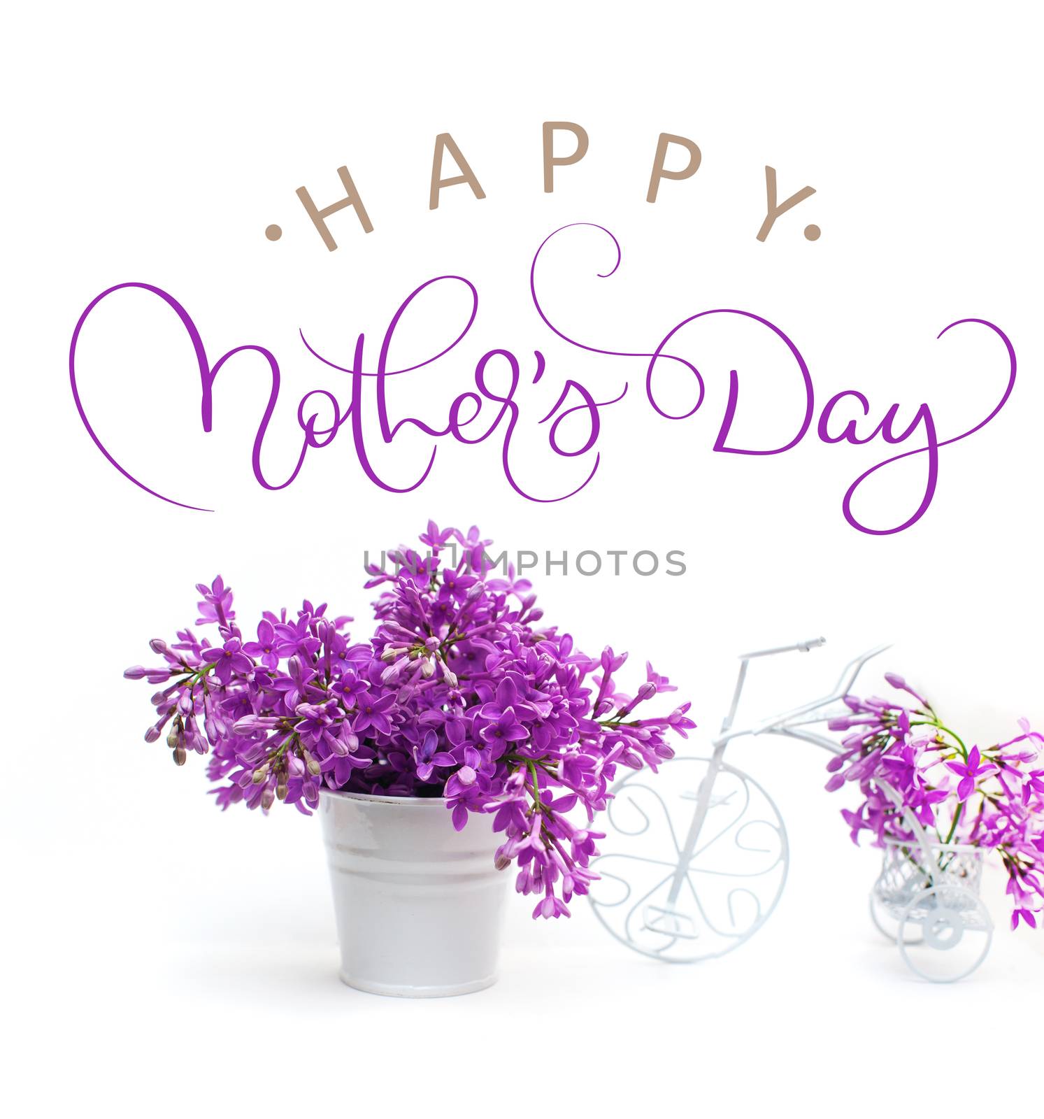 lilac flowers on a white background decorated with small bike and text Happy mothers day. Calligraphy lettering hand draw.