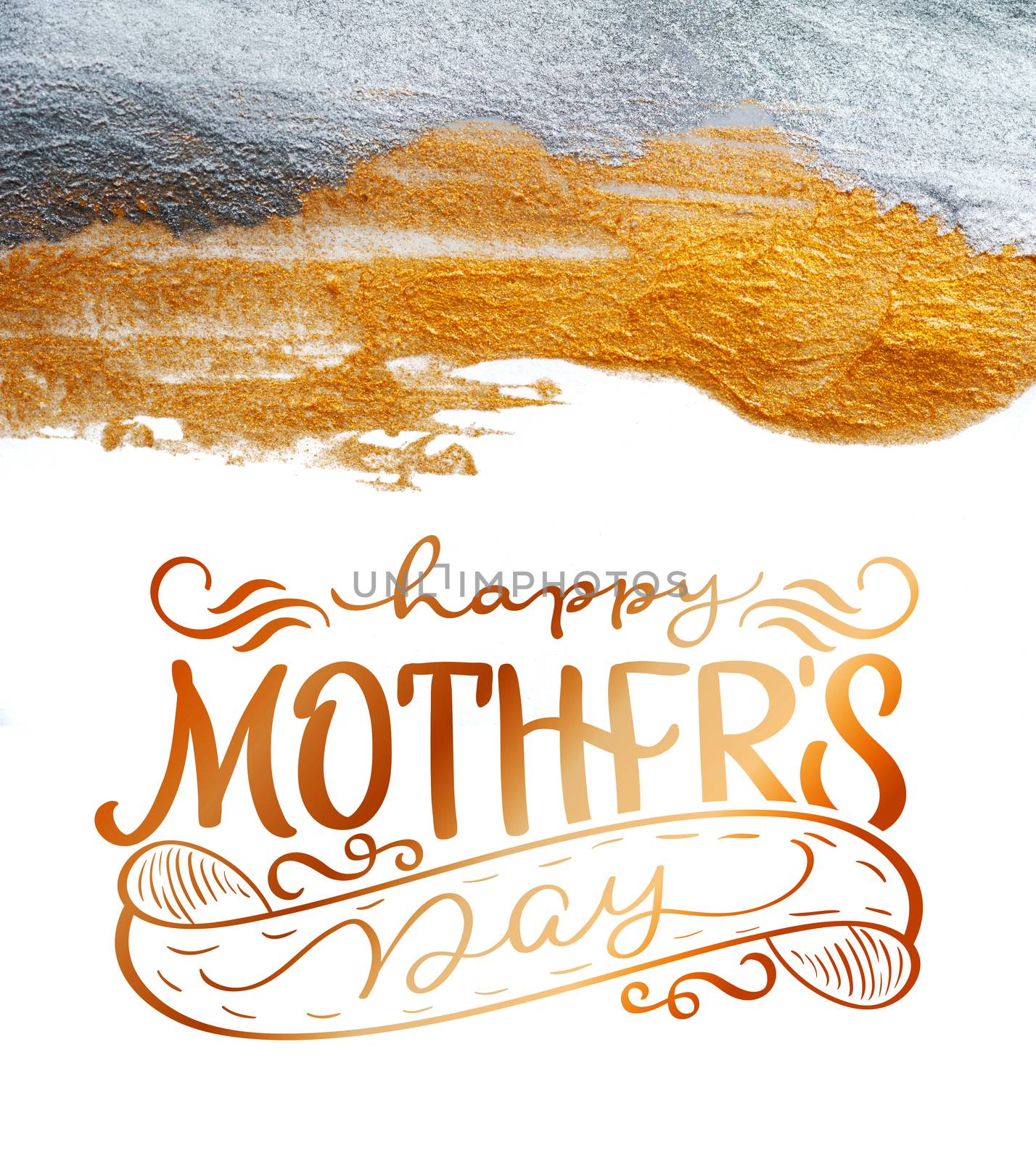 Abstract golden and silver background with a brush of acrylic paint on paper and text Happy mothers day. Calligraphy lettering hand draw by timonko
