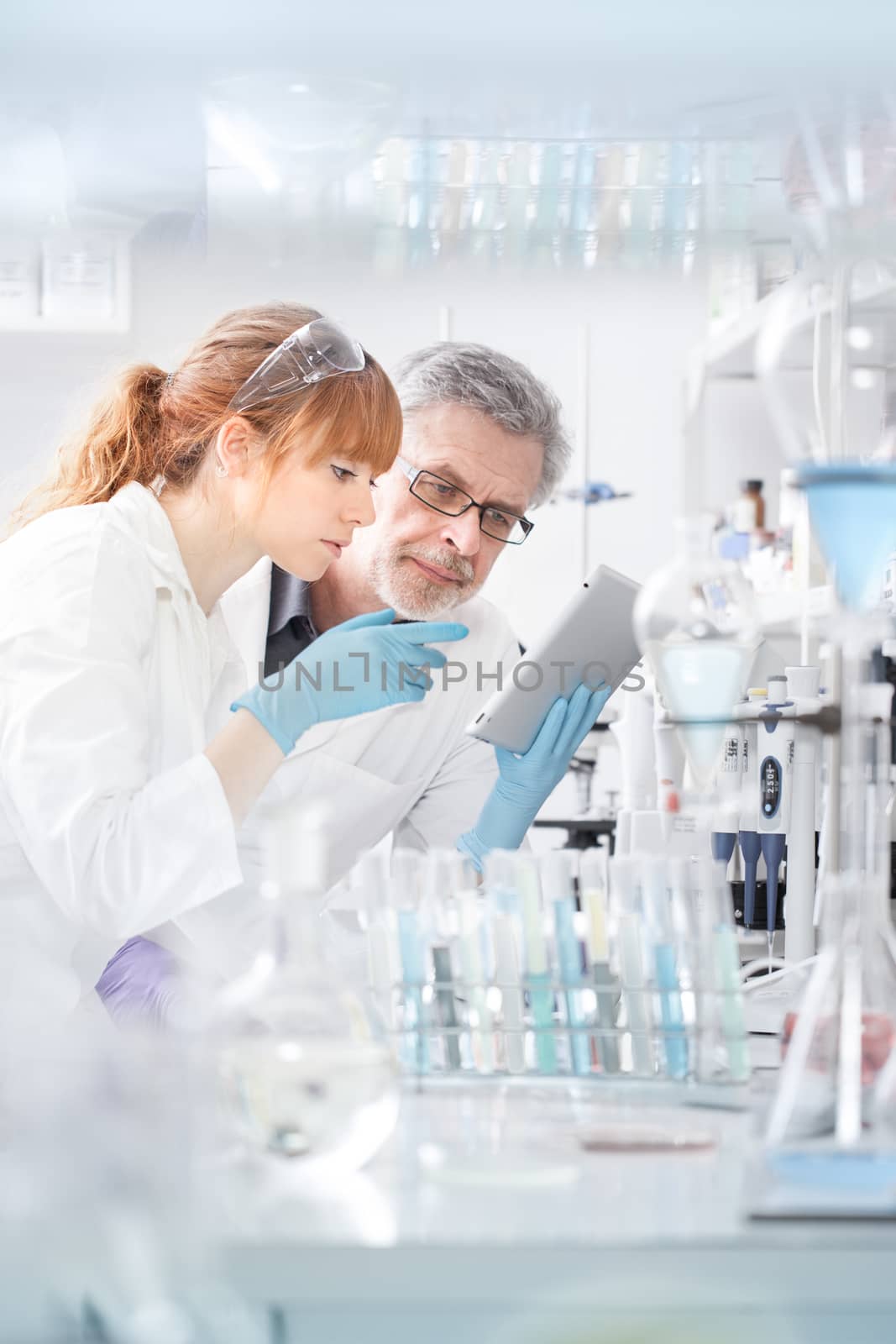 Health care researchers working in life scientific laboratory. Young female research scientist and senior male supervisor looking focused at tablet computer screen evaluating and analyzing study data.