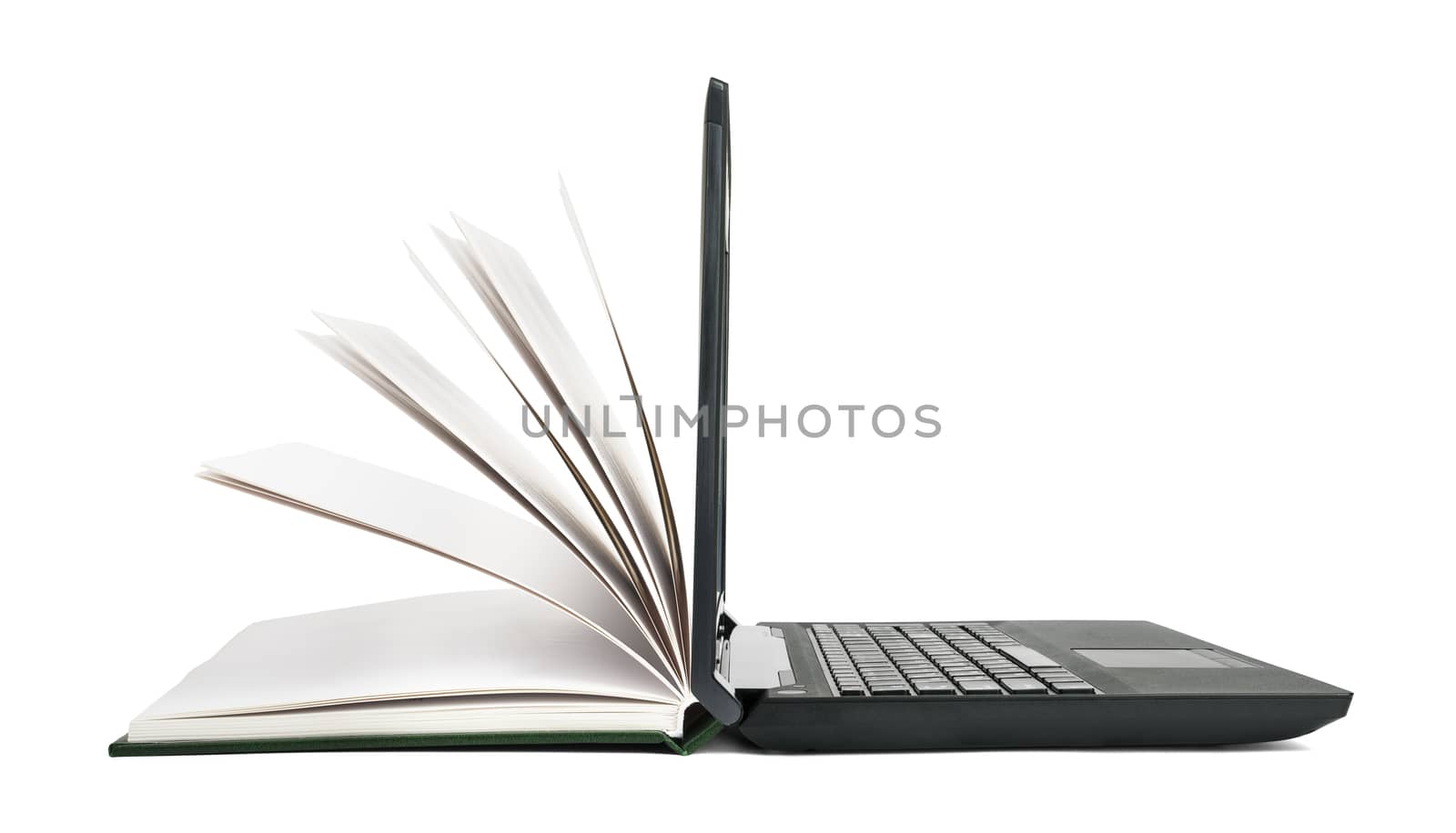 Open book turns into an open laptop. The concept of technology in teaching or reading