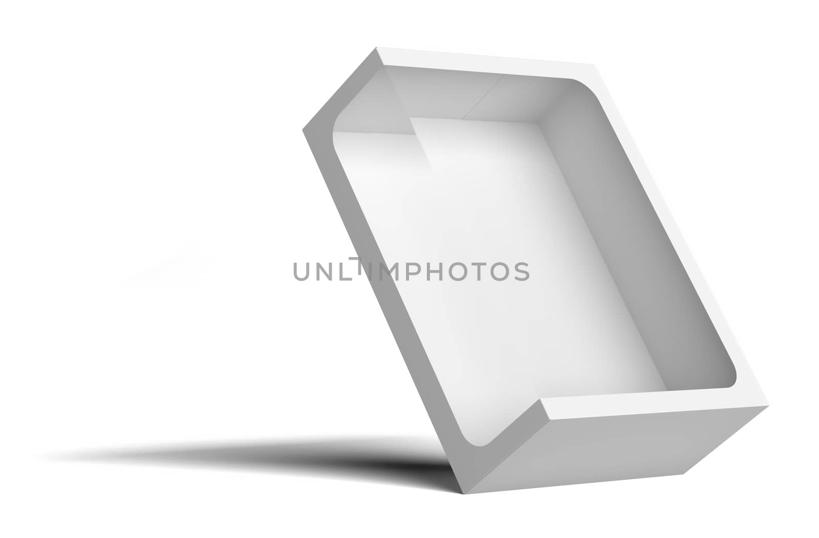 White empty packing cardboard box. In the box cutout in the middle. Box tilted back. Isolated on white background. 3D illustration