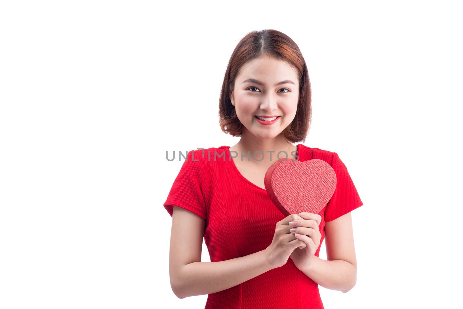 Holidays, love and happiness concept. Beautiful asian girl with gift box