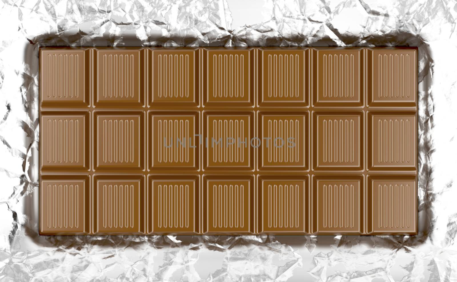 Milk chocolate bar on wrinkled aluminum foil 