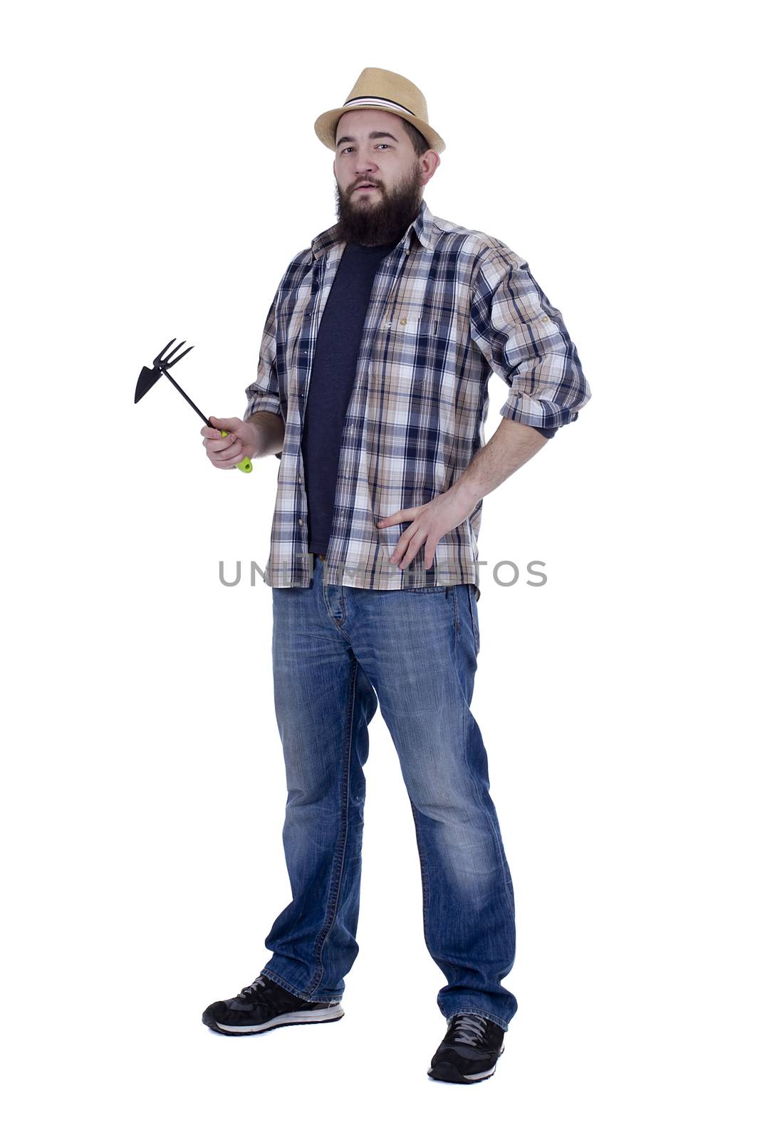 Bearded man with a garden stock on a white background