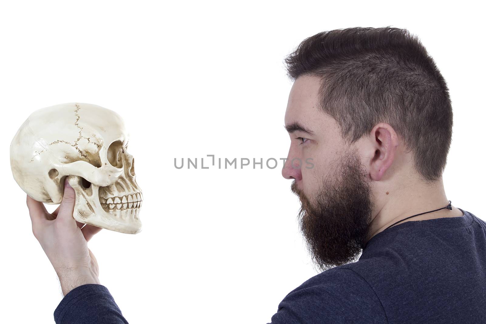 Bearded man with a human skull in his hand