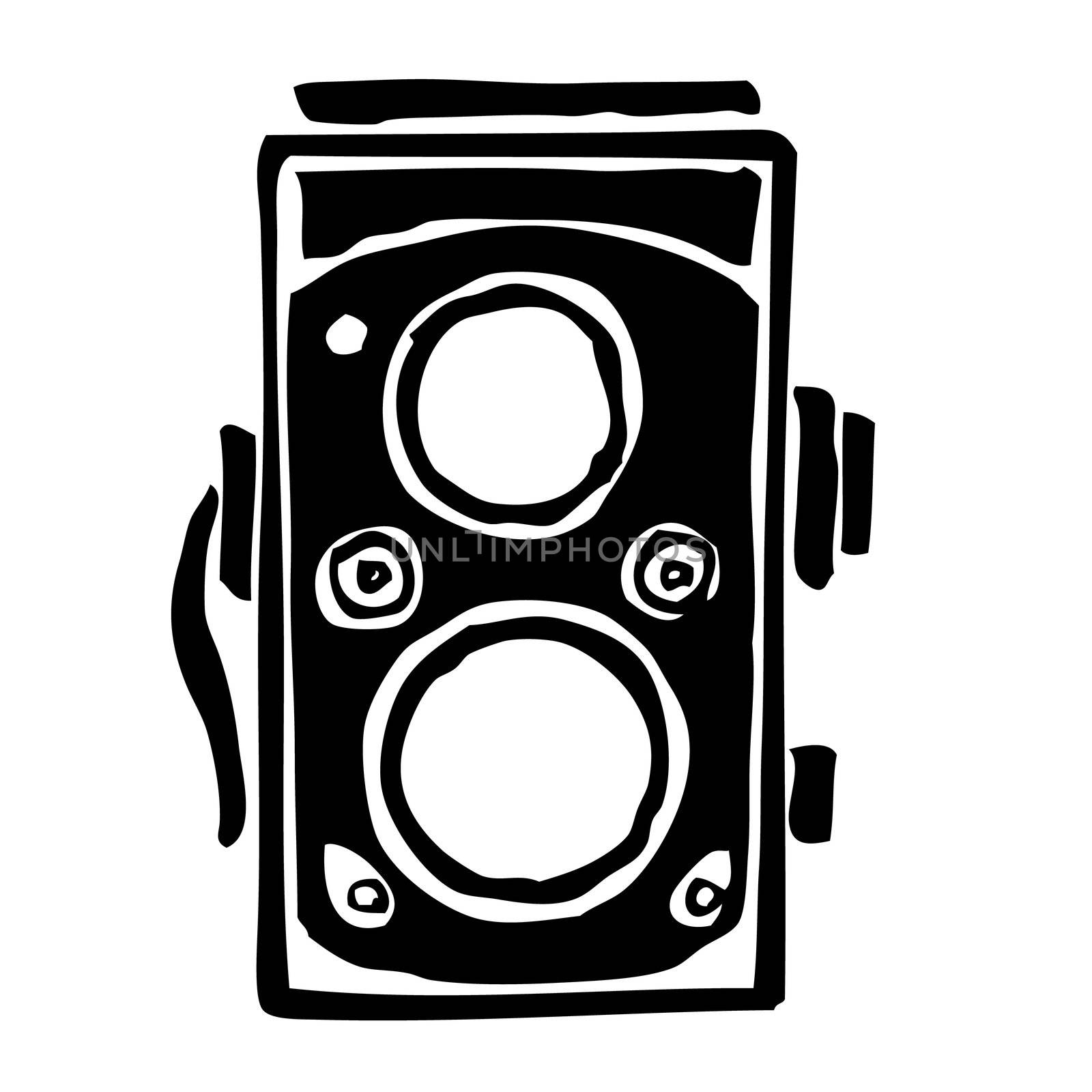 freehand sketch illustration of Twin lens reflex camera, doodle hand drawn 