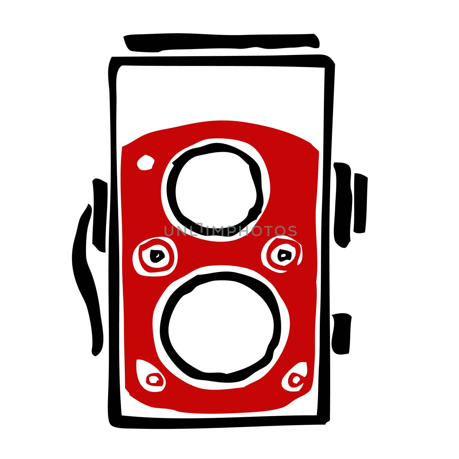 freehand sketch illustration of Twin lens reflex camera, doodle hand drawn 