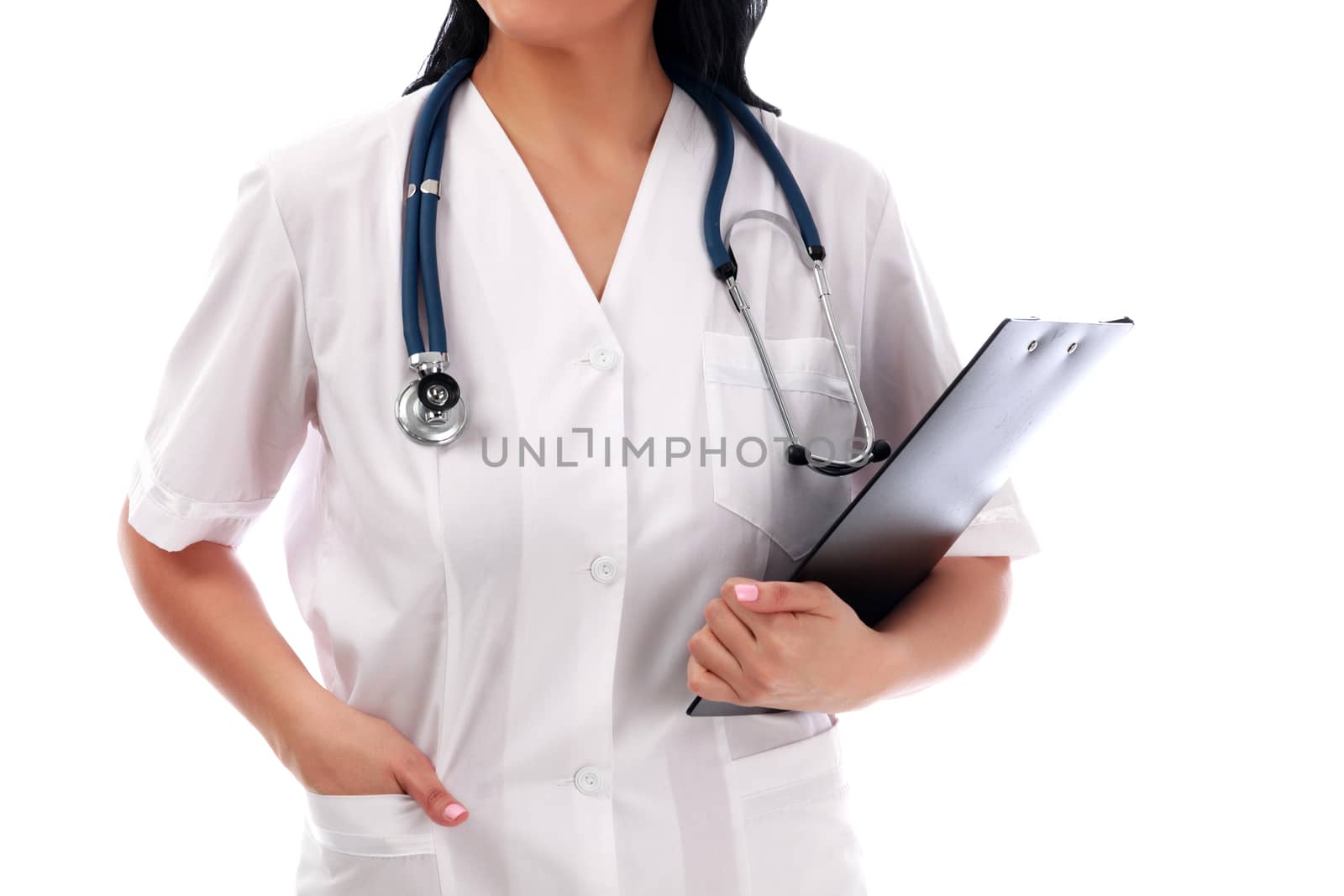 medical doctor woman with clipboard, isolated on white background