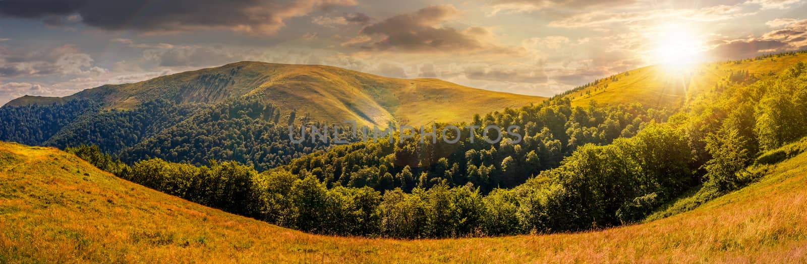 hillside panorama in mountains at sunset by Pellinni