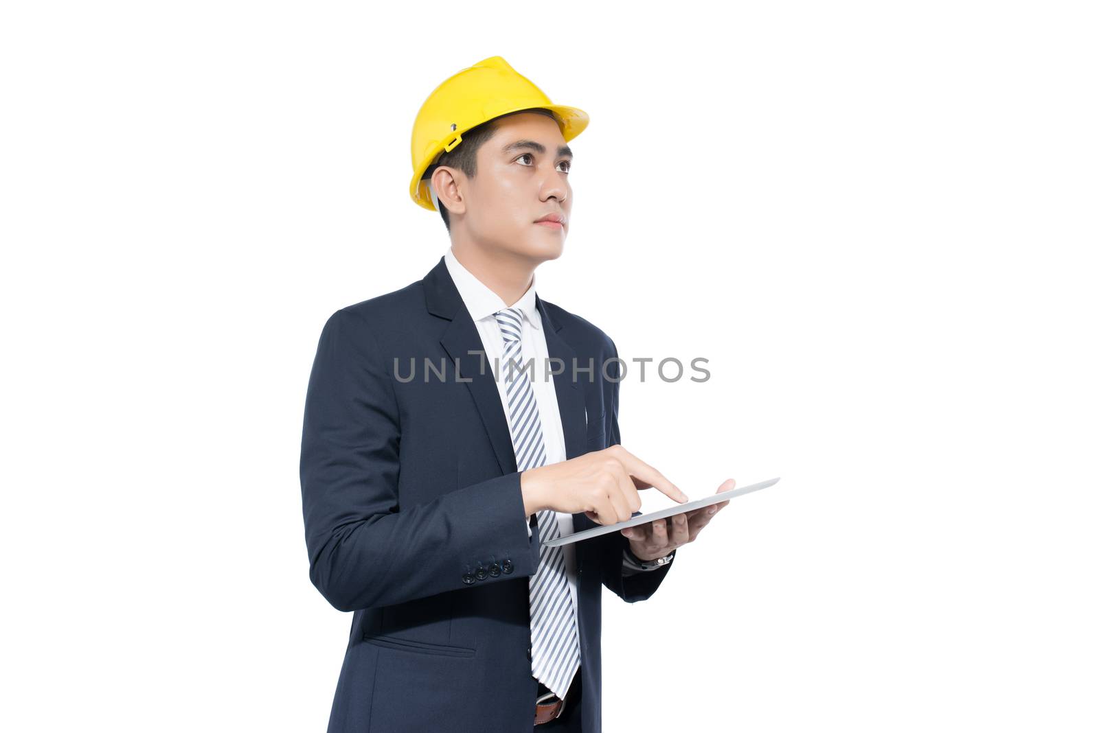 Asian architect engineer manager touching and using tablet.