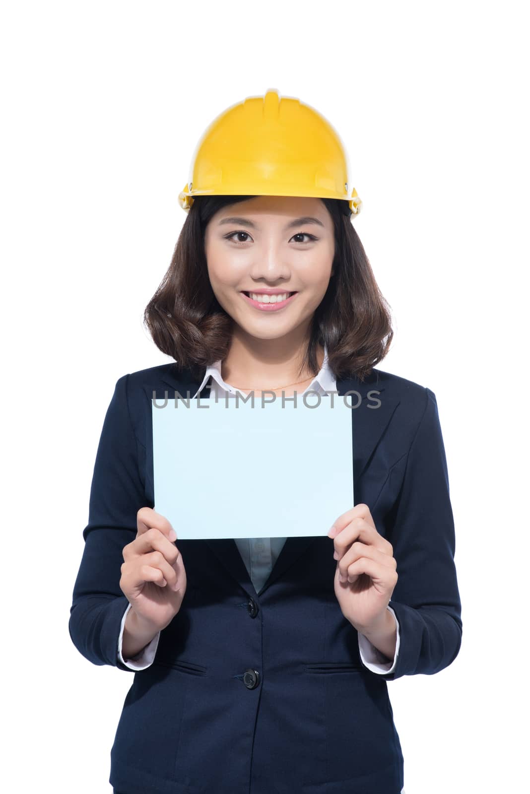 Smiling architect woman hold blank paper. Isolated portrait. by makidotvn