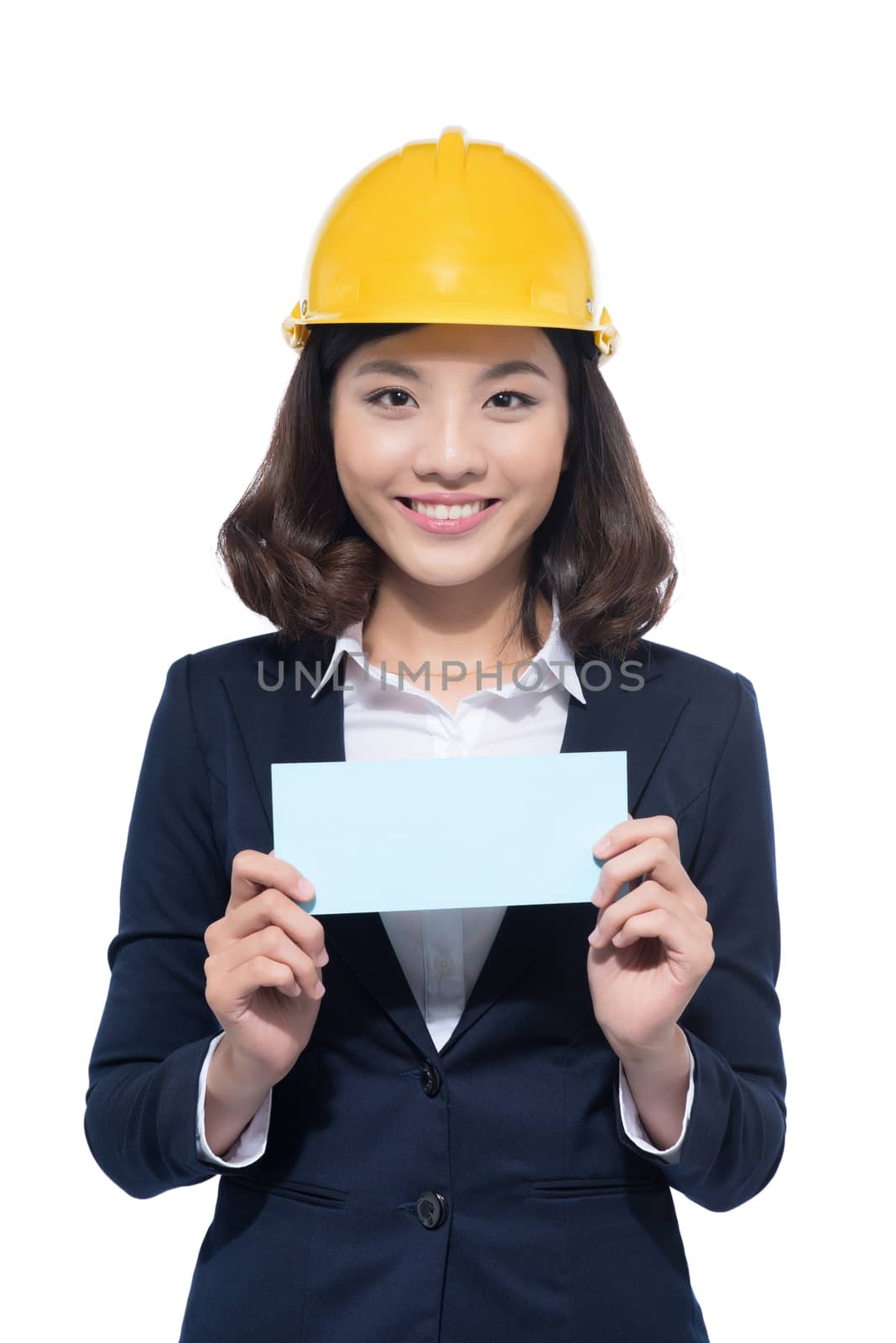 Smiling architect woman hold blank paper. Isolated portrait. by makidotvn