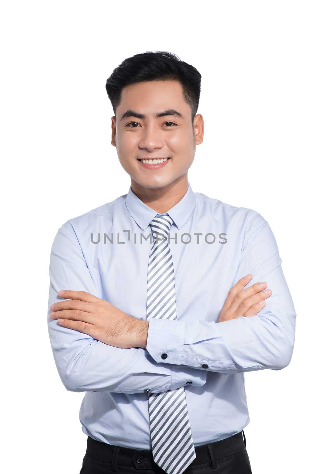 Handsome asian businessman crossed arms on white by makidotvn