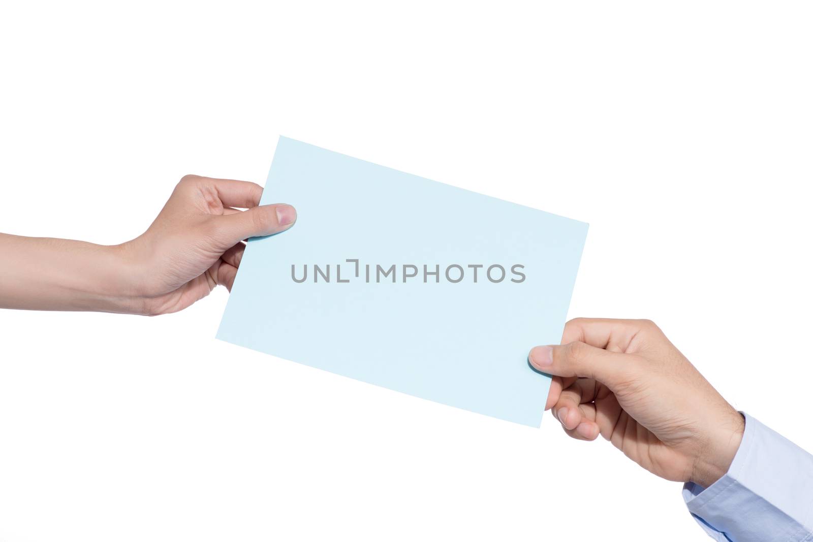 Hand holding blue paper isolated on white by makidotvn