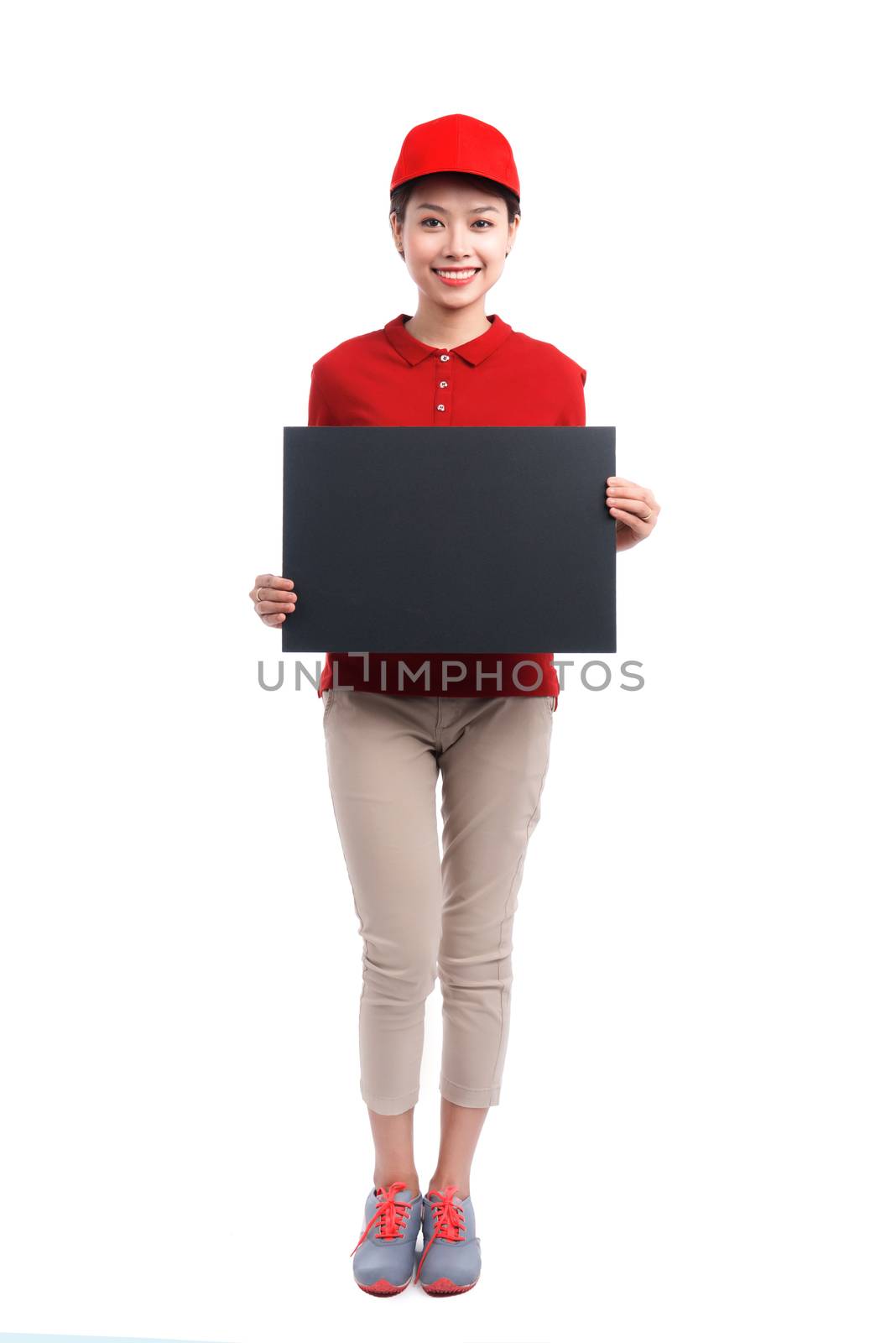 Portrait of delivery woman holding board isolated on white backg by makidotvn