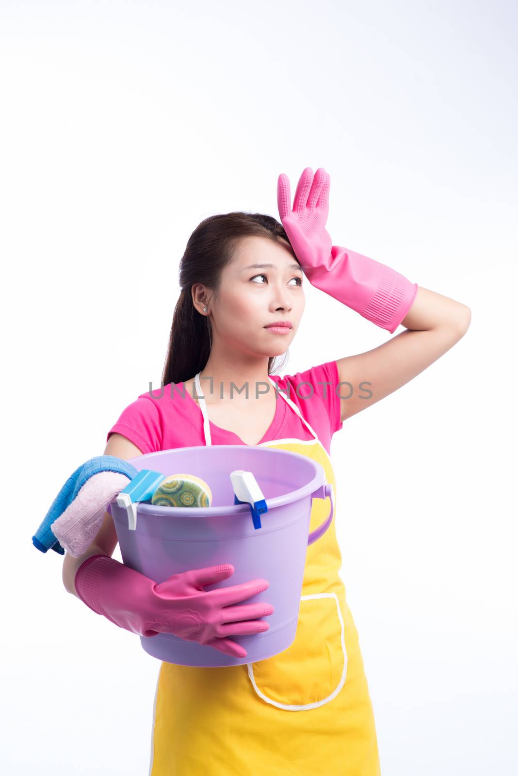 Tired frustrated and exhausted cleaning woman isolated on white