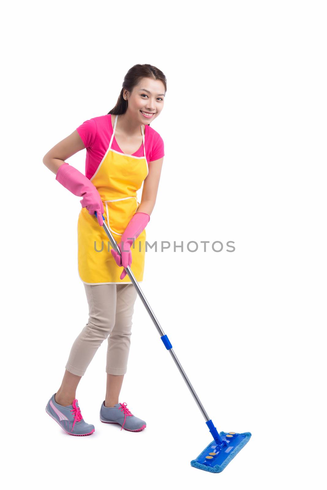 Portrait Of Young Asian housewife Cleaning Floor With Mop in ful by makidotvn