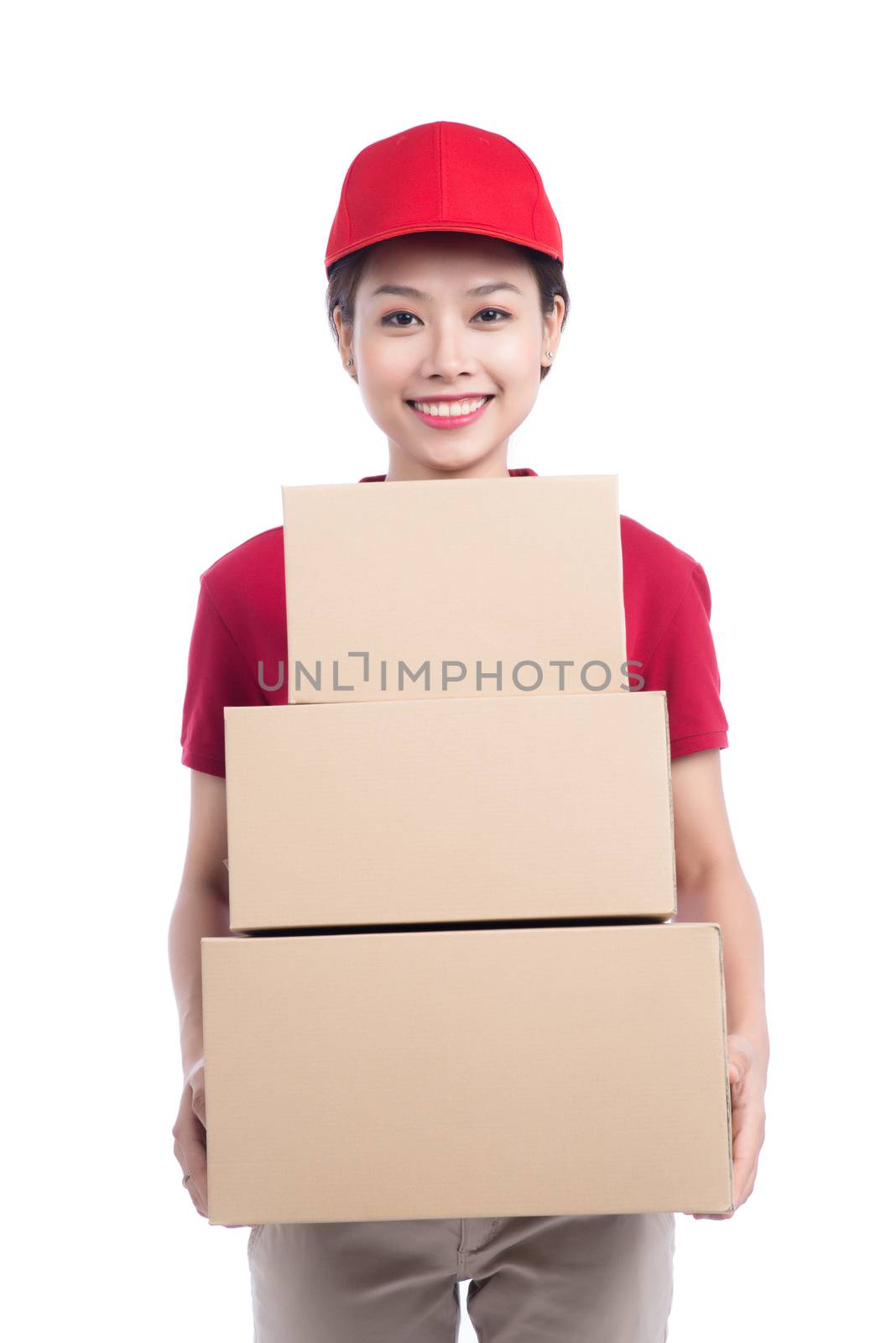 Portrait of delivery woman service happily delivering package to by makidotvn