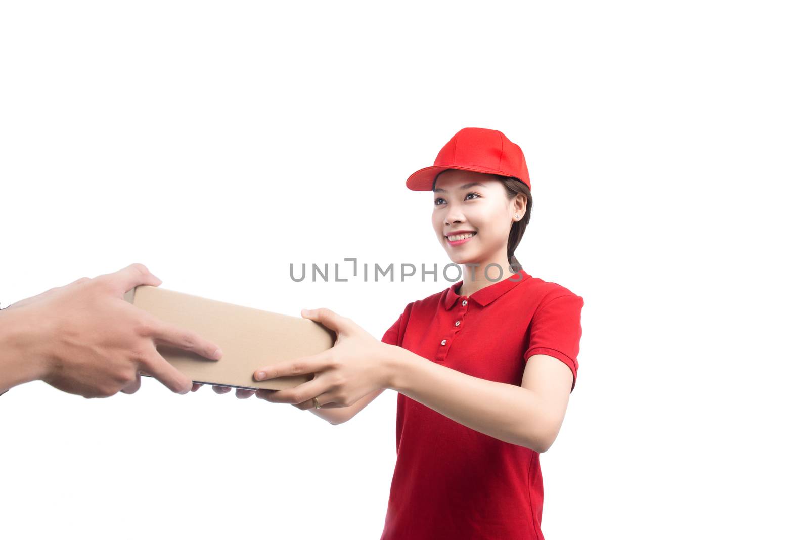 Portrait of delivery woman service happily delivering package to by makidotvn