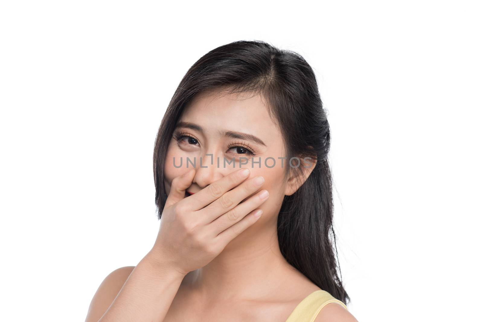 Asian shy girl smiling portrait with hands in face by makidotvn