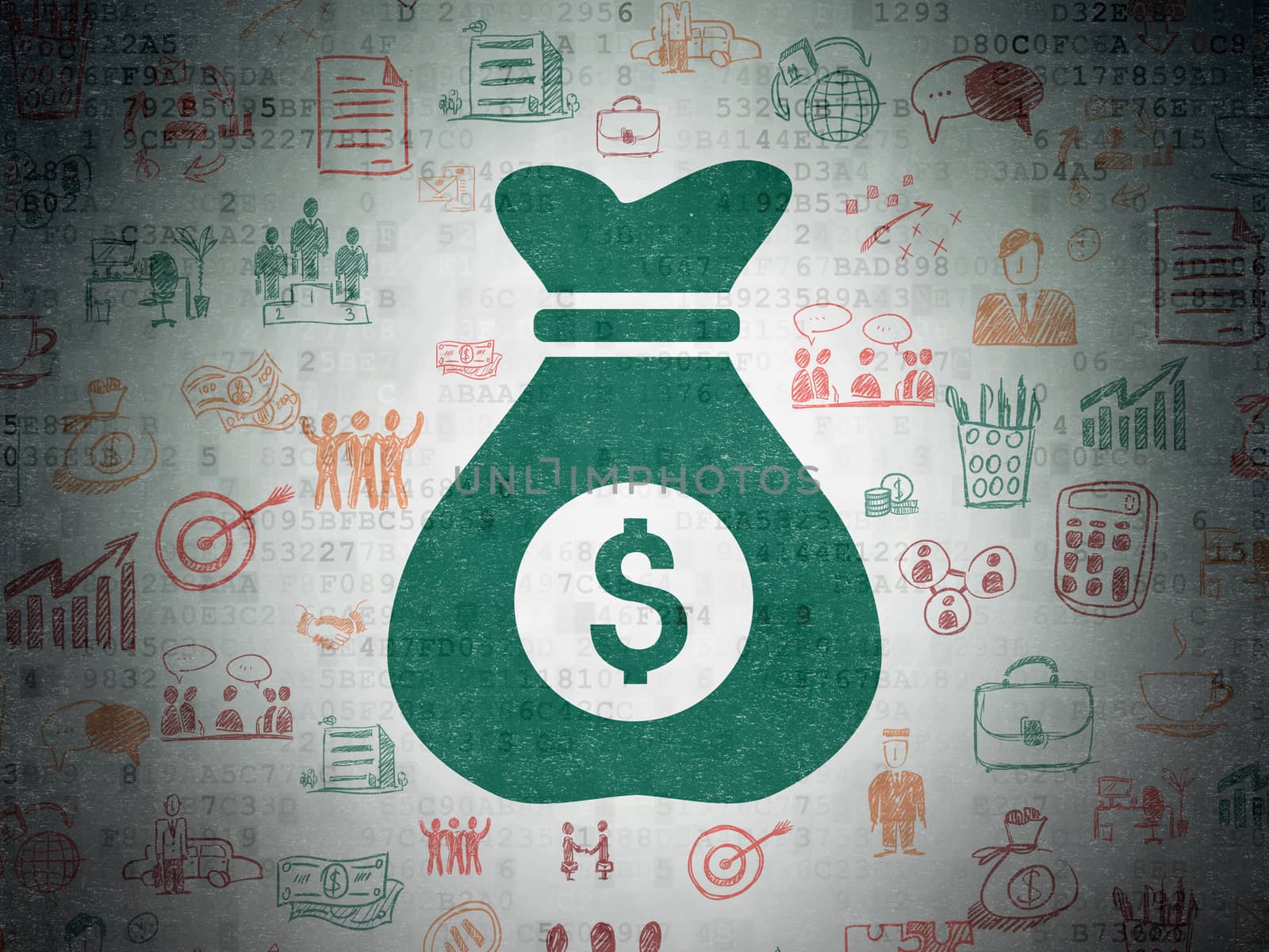 Business concept: Painted green Money Bag icon on Digital Data Paper background with  Hand Drawn Business Icons
