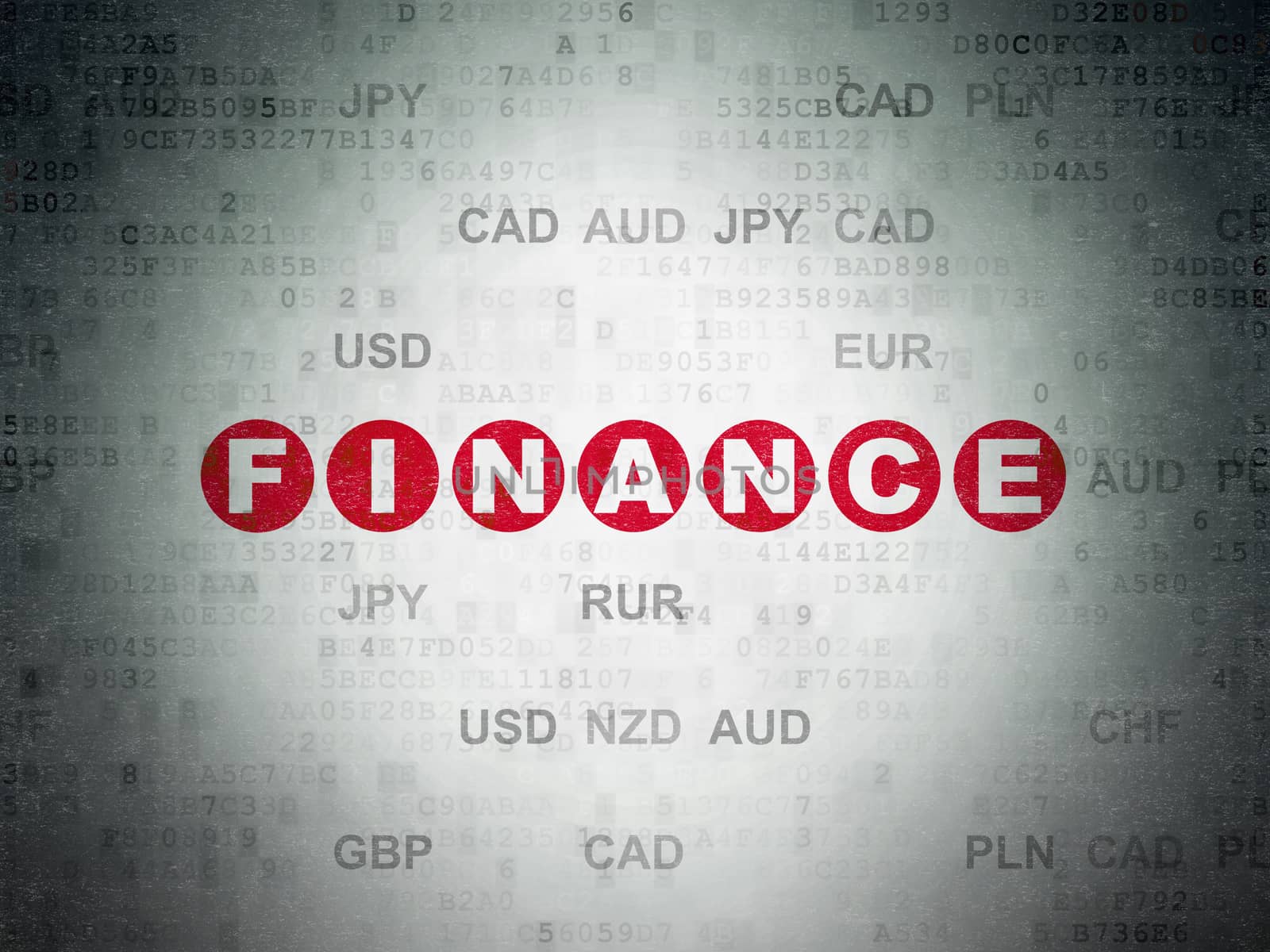 Finance concept: Painted red text Finance on Digital Data Paper background with Currency